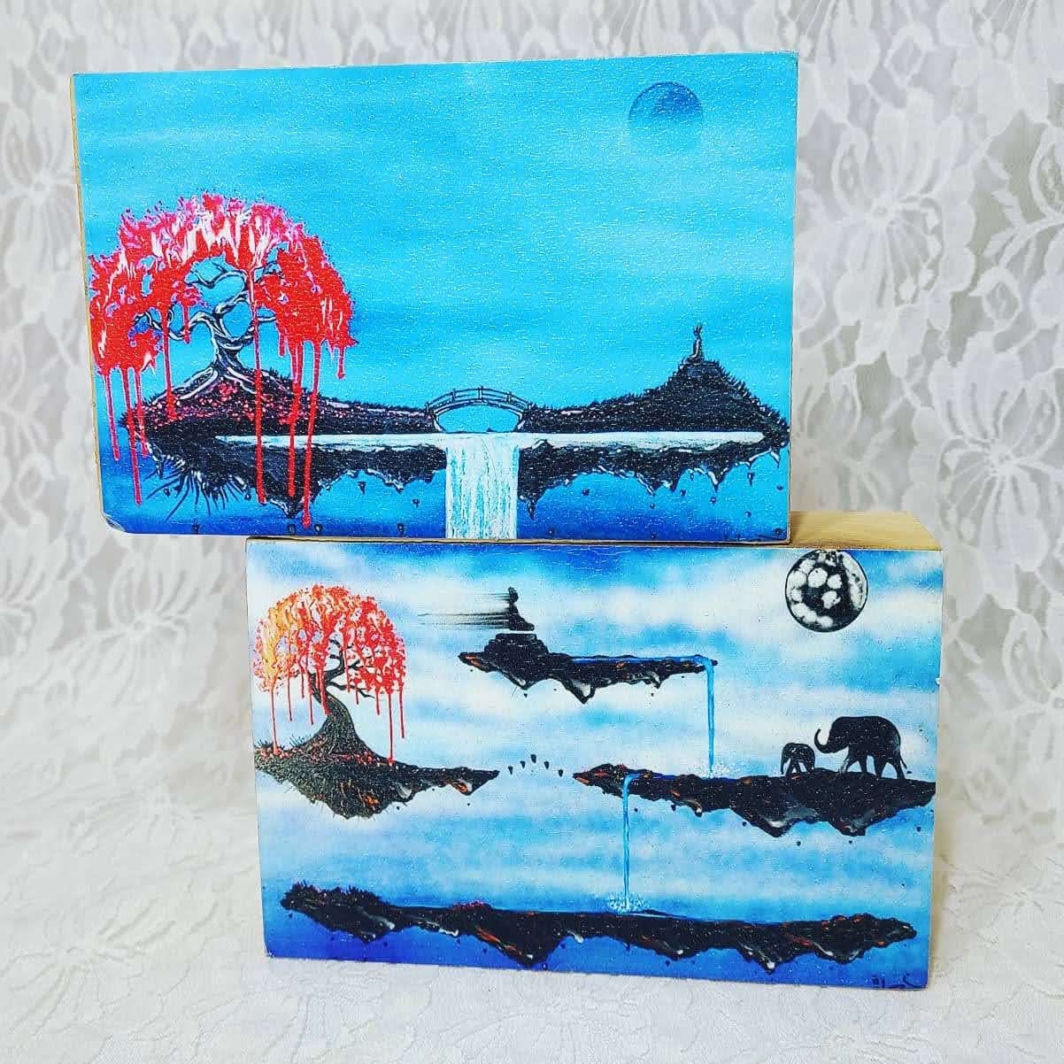 Set of TWO (2) SIGNED Acrylic Oil OOAK Prints on Wood! Buddha Upside Down Clouds Red Trees