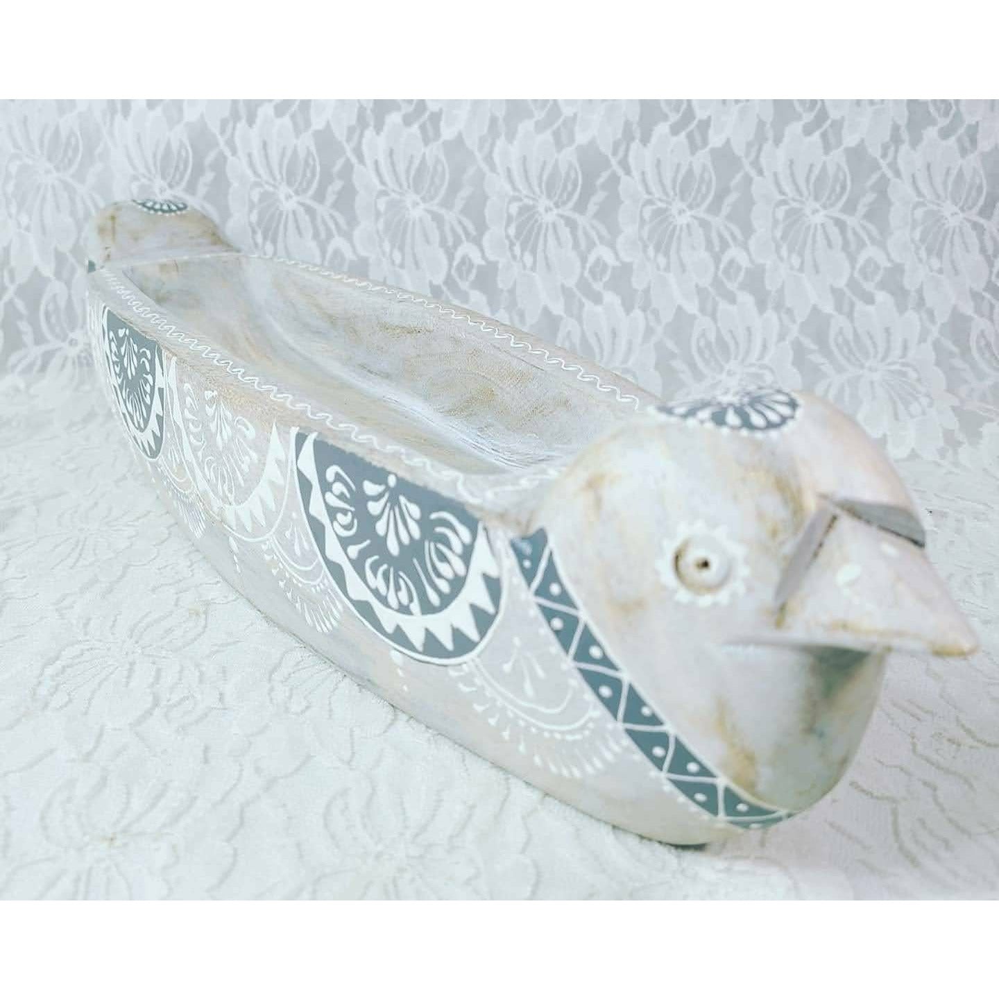 Vintage Hand Carved Double Ended Wood Bird Dish Statue ~ Hand Painted  Folk Art Bird Textured Trinket Dish ~ LARGE 17.5" x 4" Made In India