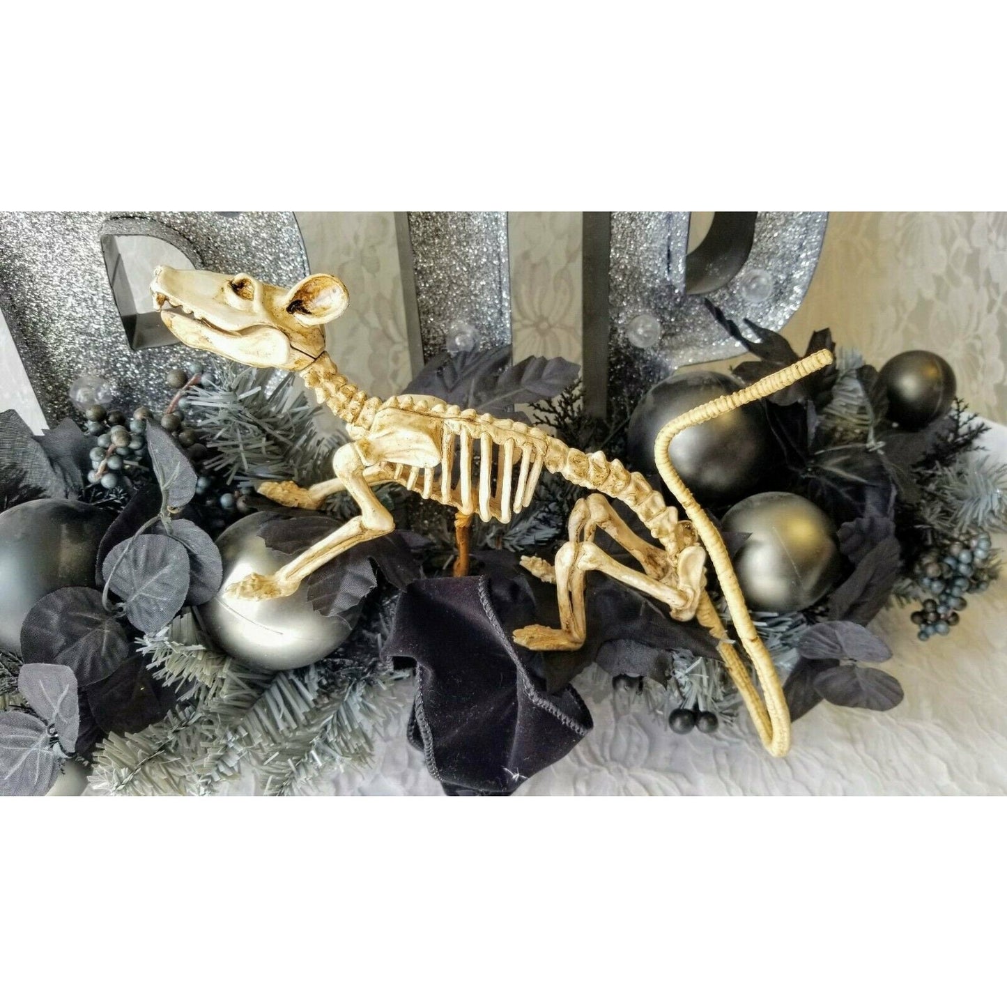 Halloween Decoration Lighted Gothic Floral Arrangement "RIP" Rat Skeleton Home Decor