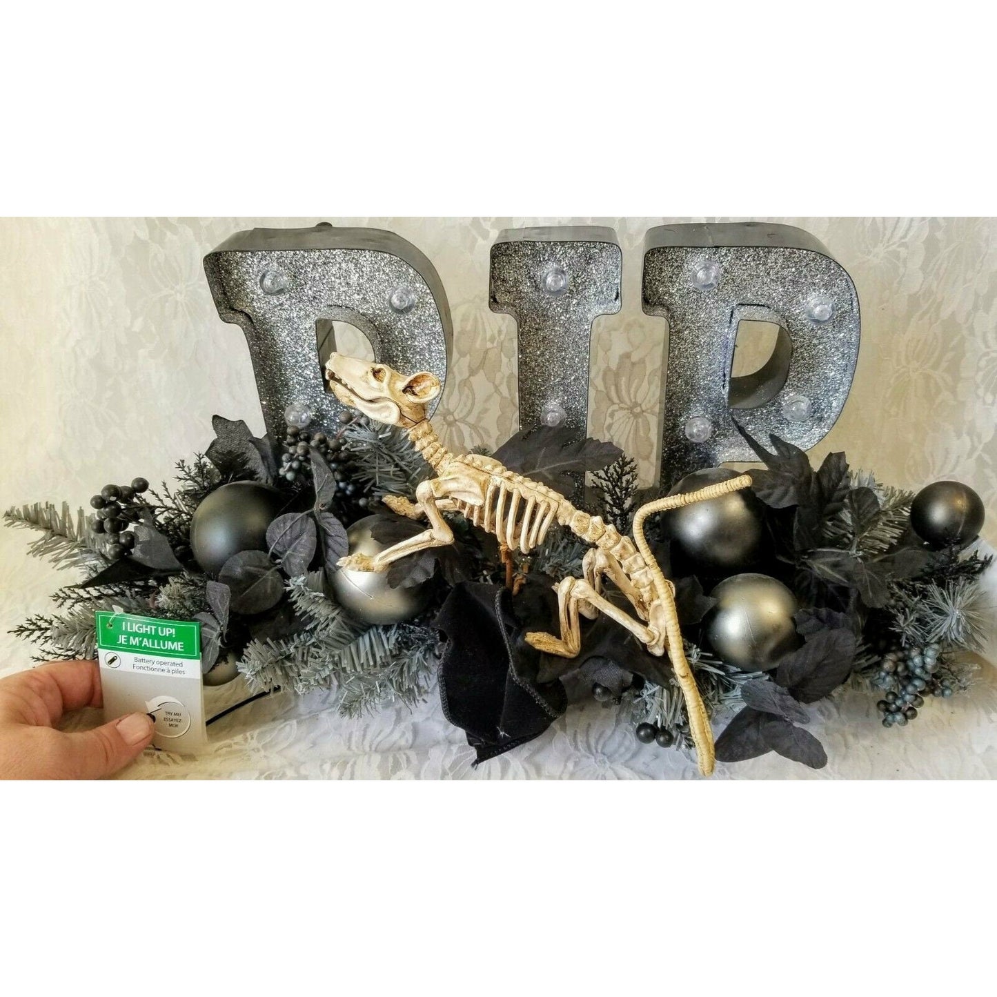 Halloween Decoration Lighted Gothic Floral Arrangement "RIP" Rat Skeleton Home Decor