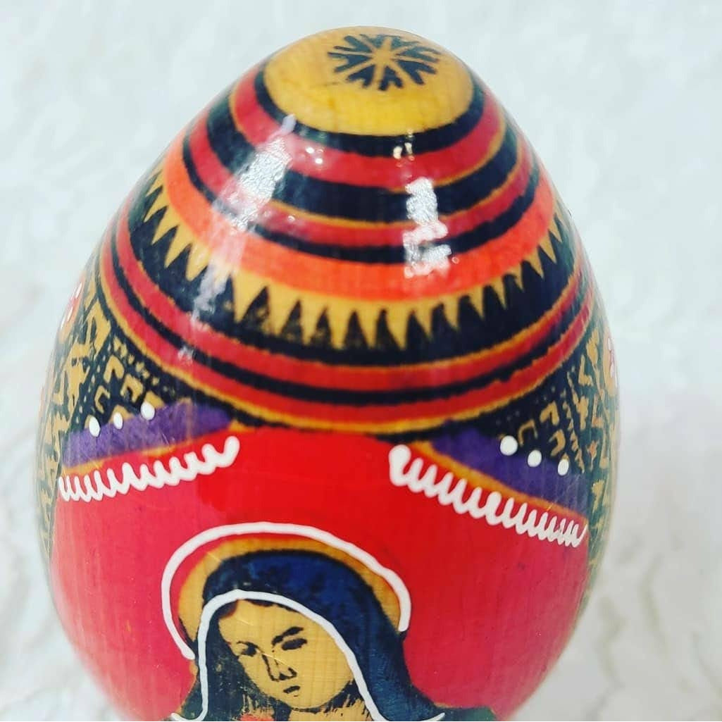 RARE! Vintage Russian Orthodox Wooden Egg Hand Painted Virgin Mary on One Side and Jesus on The Other Side ~ Found in Ukraine ~  3.5” high