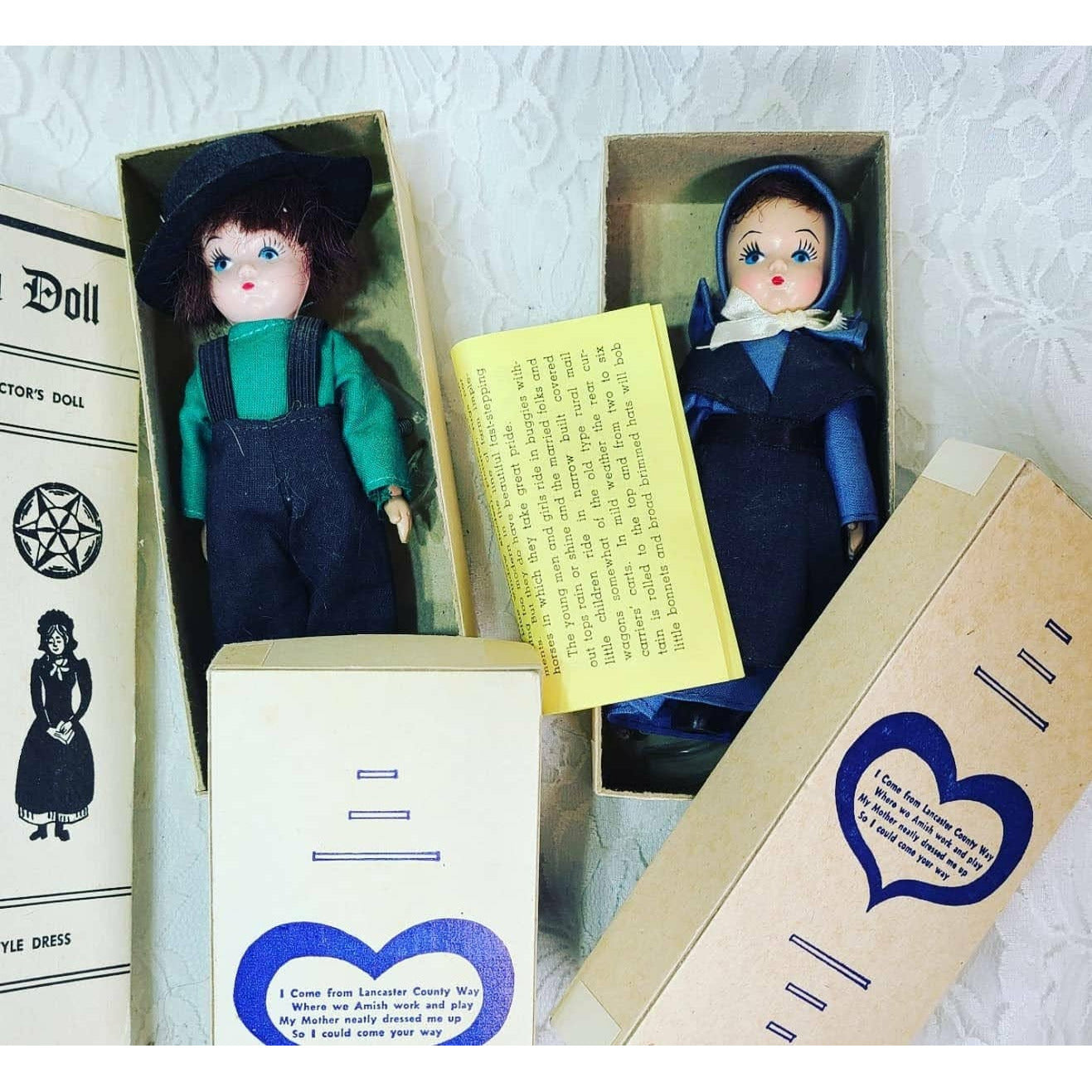 Handmade Amish Doll Family ~ Set of FOUR Vintage Celluloid Dolls ~ Hand-Sewn Clothing ~ ORIGINAL BOXES!