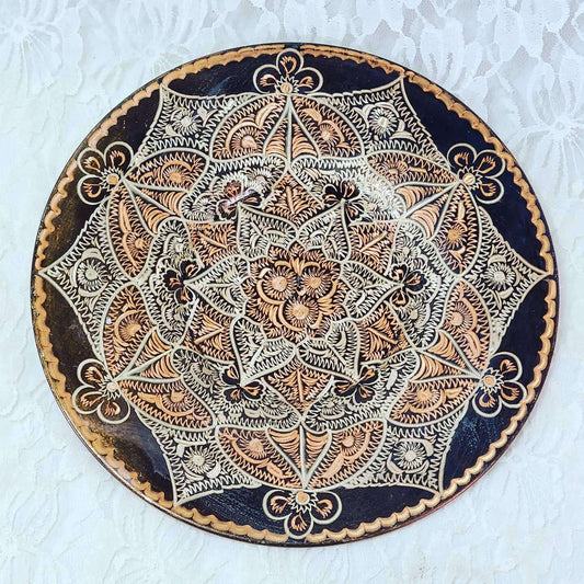 Ornate Gulistan-Erzincan Turkish Plate ~ Handmade ~ Gold Hand-Etched Copper ~ Metal Decorative ~ 8.5" wide ~ Wall Hanging Plate