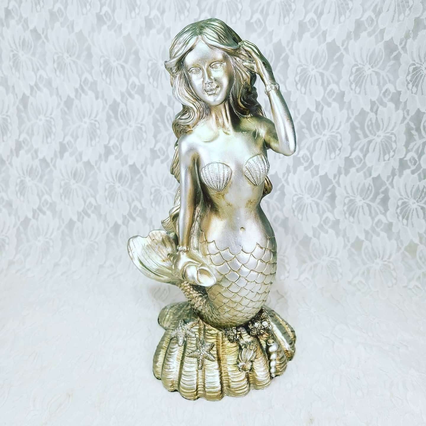 Large Silver Mermaid Sculpture Polyresin 1990s Statue Figure Figurine ~ 11" by 4" ~ Mermaids ~ Siren ~ Sea Nymph