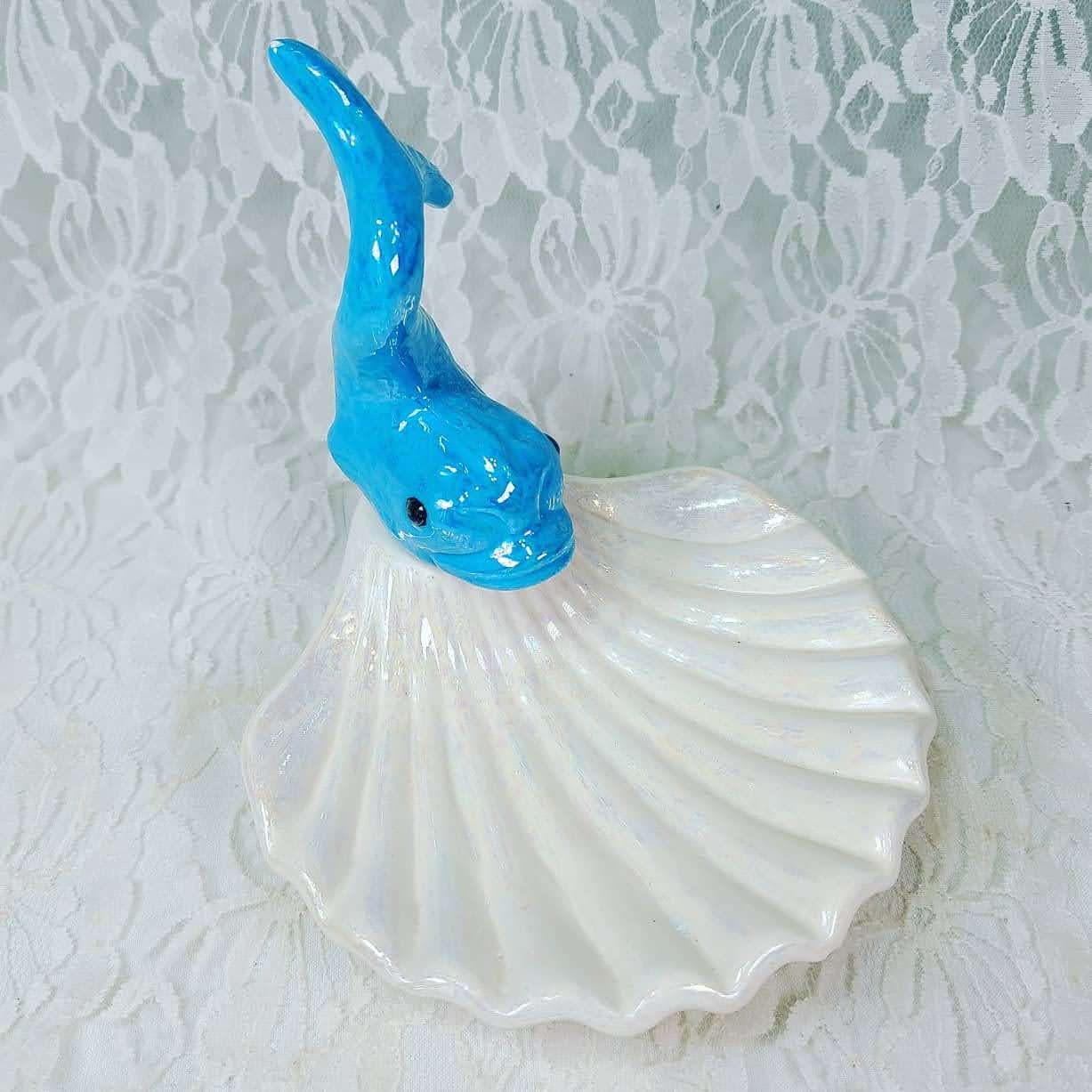Mid Century Ceramic Blue Iridescent Koi Fish Shell Soap Trinket Dish Holland Mold MCM