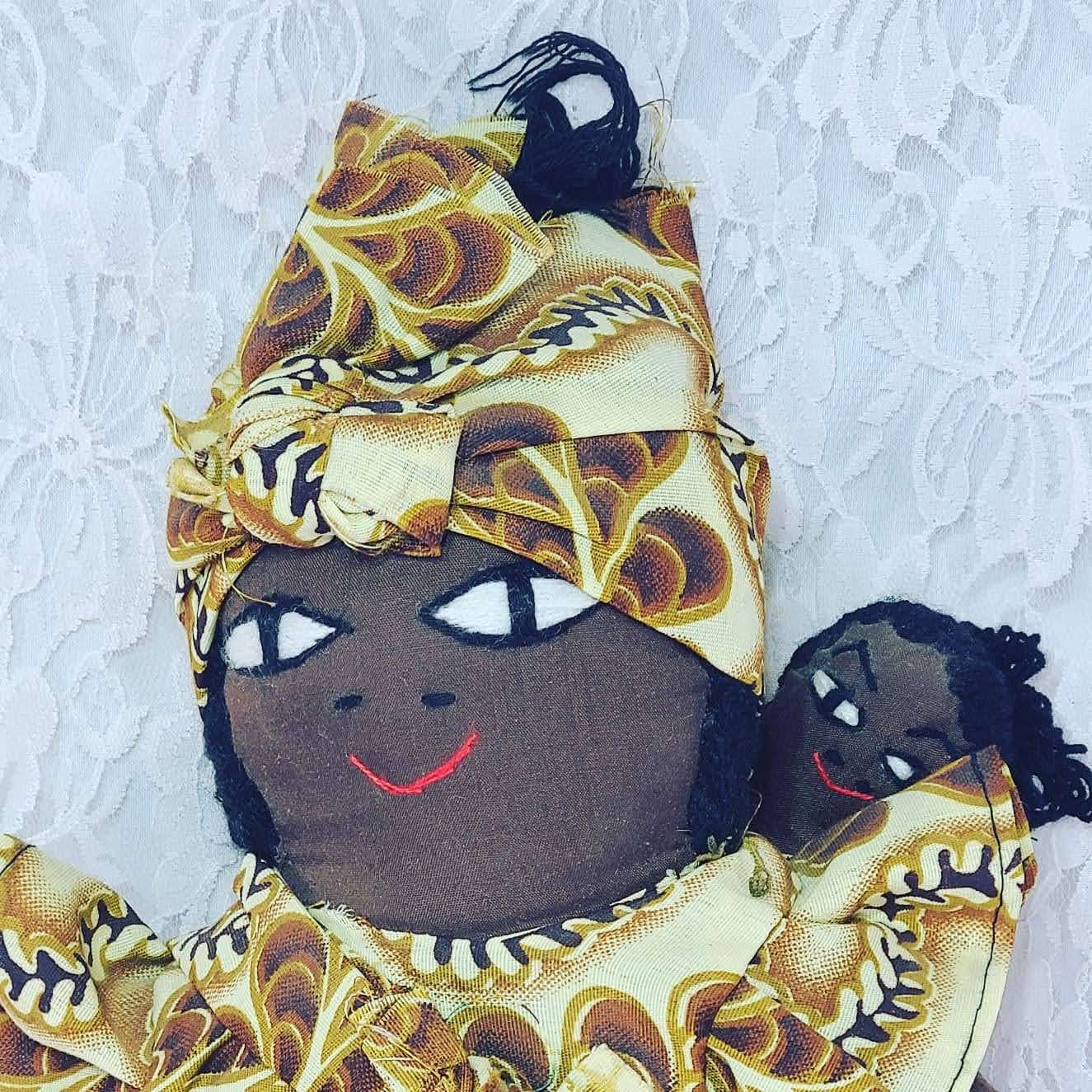 Vintage Homemade Cloth Doll 20" African American Momma with Child and Rhinoceros and Zebra ~ HAND SEWN