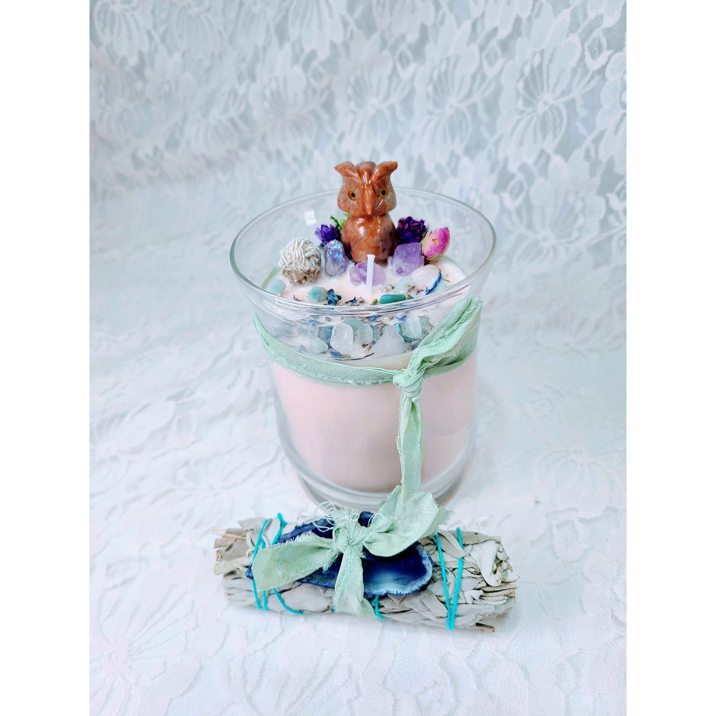 ON SALE! Home Blessing Gift Set ~ BIG Crystal Candle with Silk Wrapped Sage Bundle ~ Carved Agate Owl ~ Soy Wax Candle & Charged Crystals