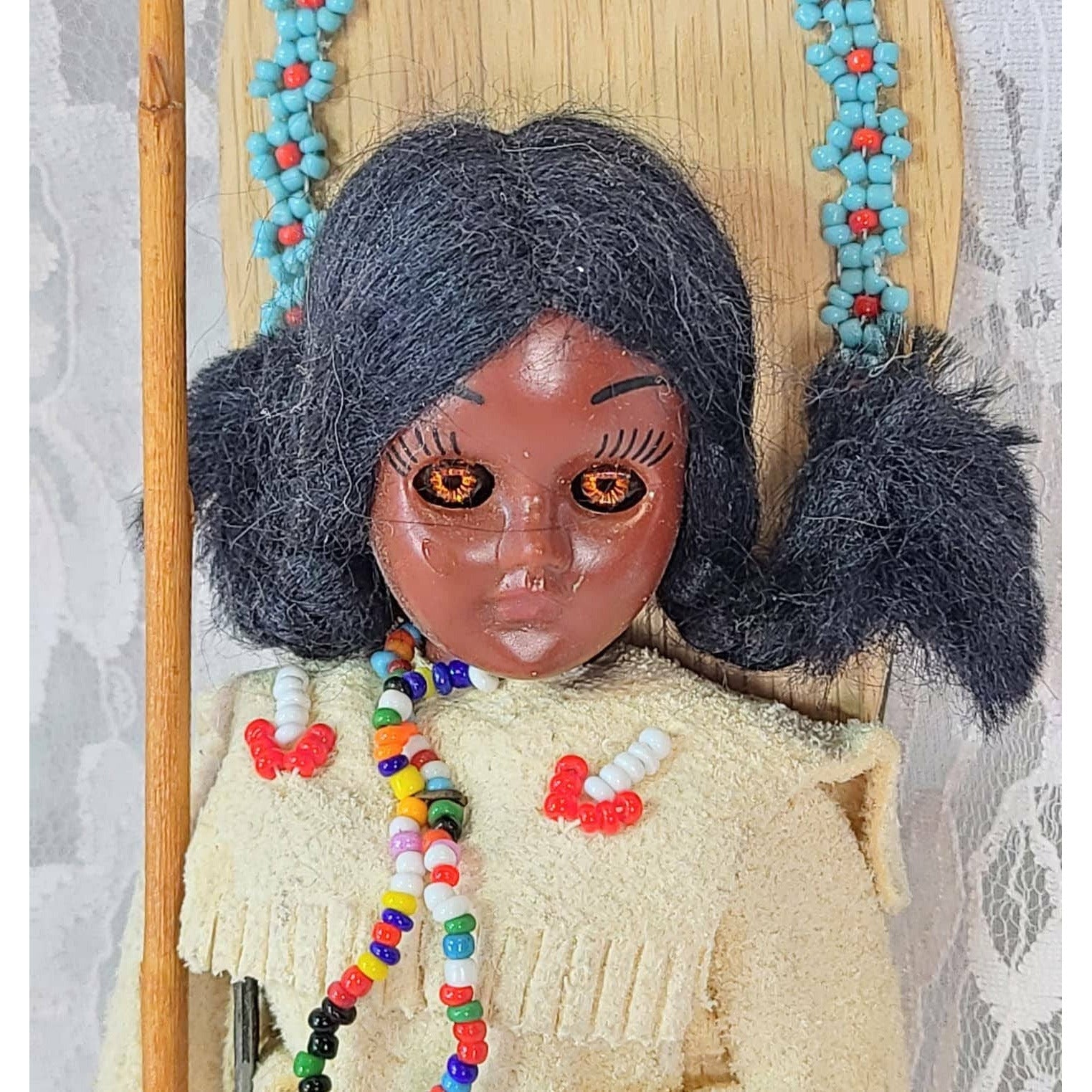 Carlson Dolls 1950s Vintage 8" Doll in Native American Outfit with Papoose ~ Real Leather and Fur, Tagged and Signed by Maker