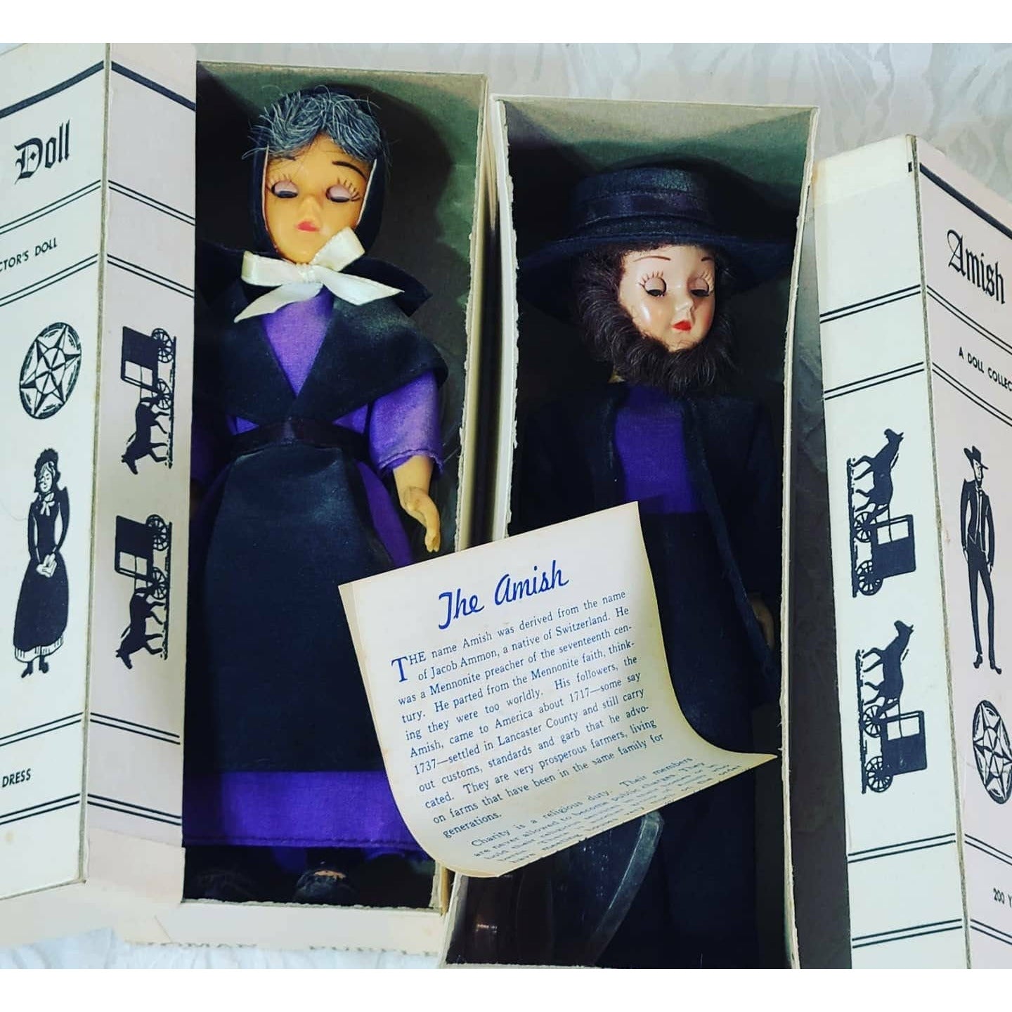 Handmade Amish Doll Family ~ Set of FOUR Vintage Celluloid Dolls ~ Hand-Sewn Clothing ~ ORIGINAL BOXES!