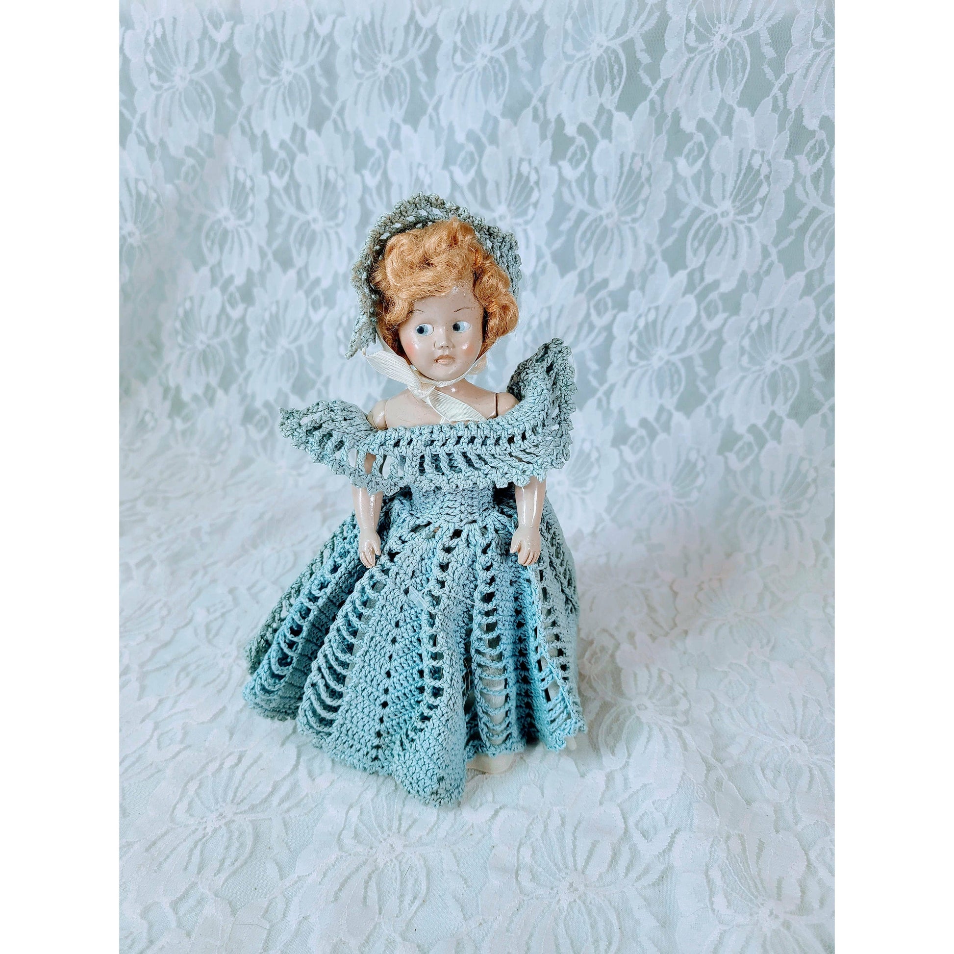 Antique DOLL 8" Mohair ~ Flirty Eyes ~ Handmade Crochet Dress ~ Molded Shoes ~ 1950s Storybook DOLL