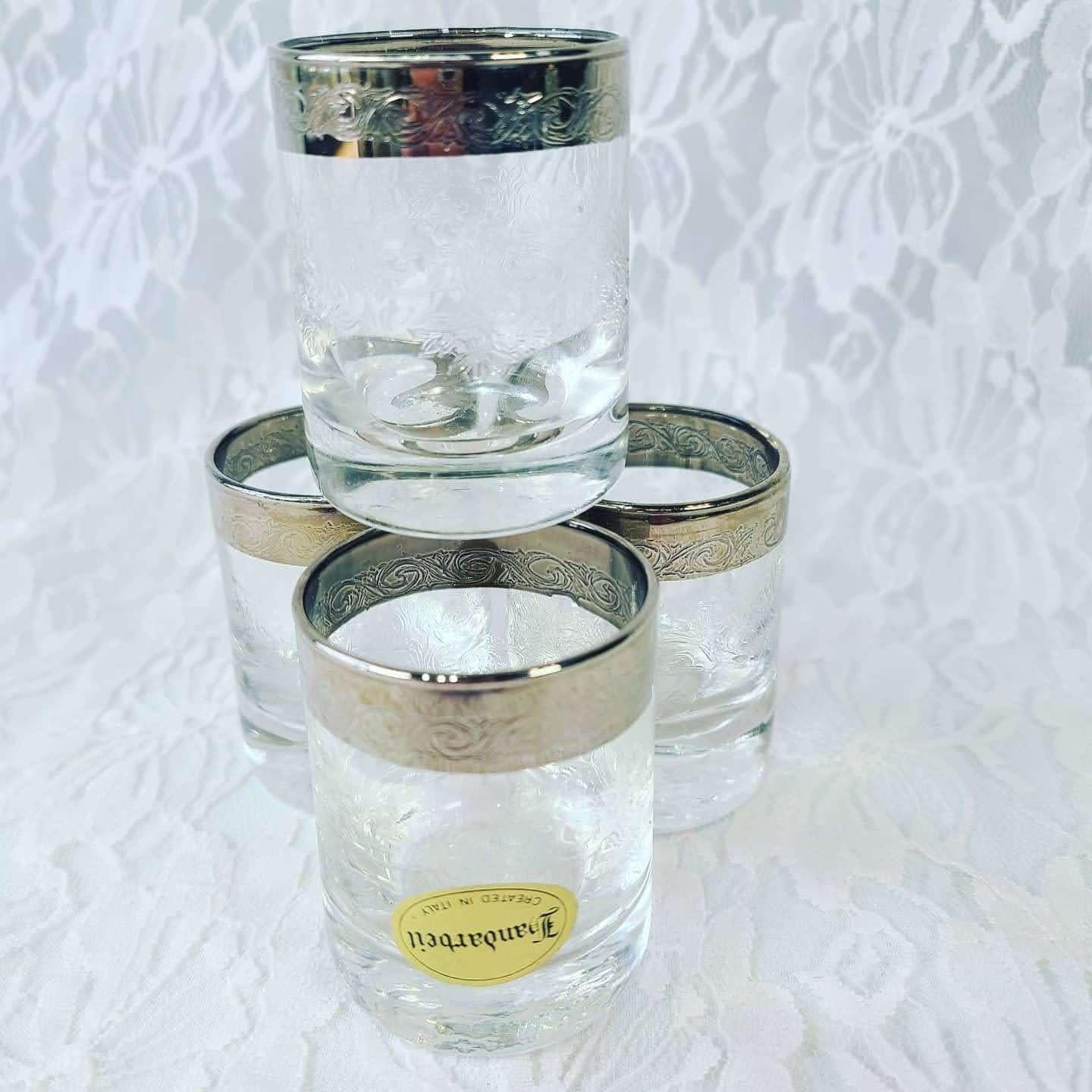 Shot Glasses Set of 4 ~ Mid Century Vintage 1950's ITALY Handerbeit - Silver Rimmed Hand-Etched~ Retro Drinking Glasses - Antique Barware