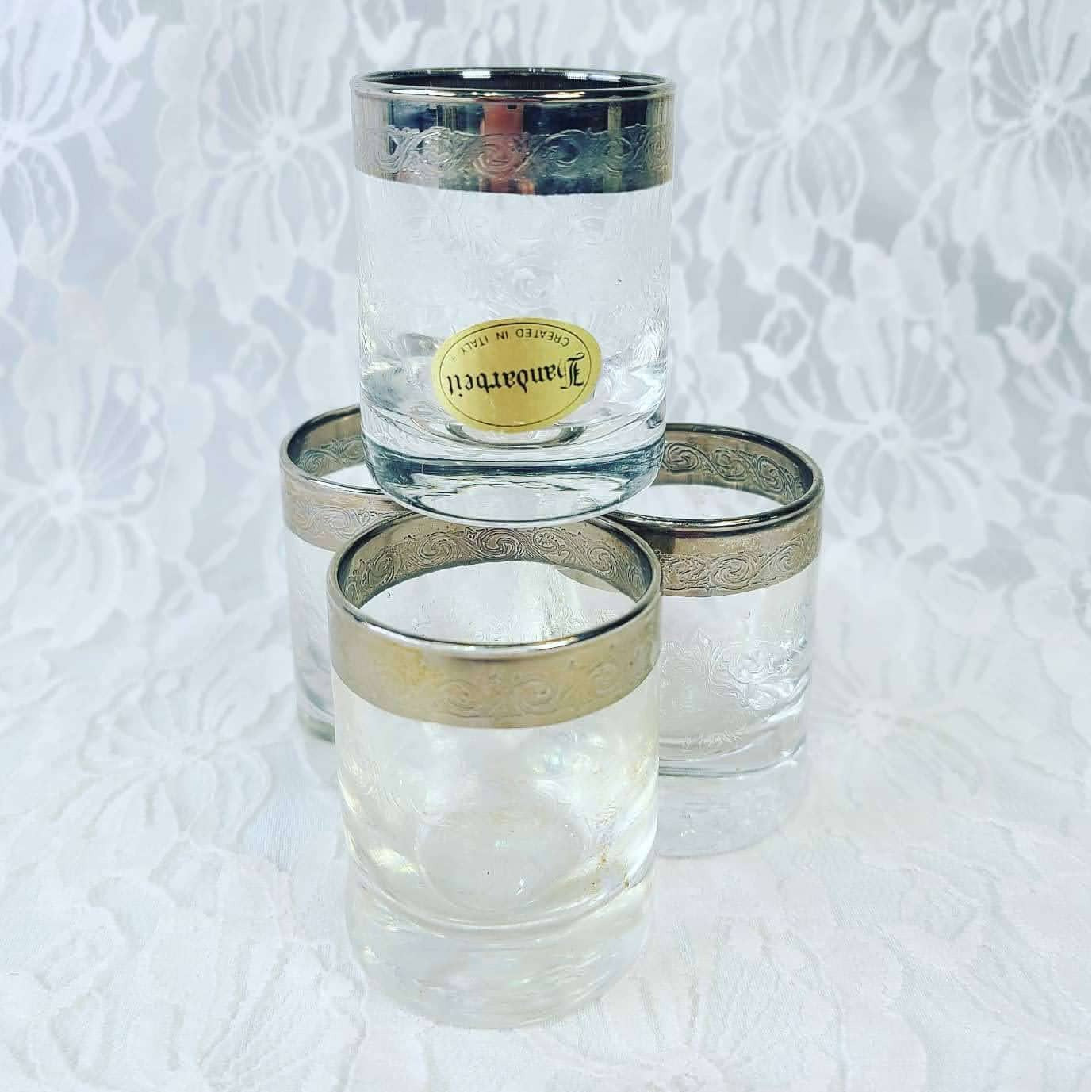 Shot Glasses Set of 4 ~ Mid Century Vintage 1950's ITALY Handerbeit - Silver Rimmed Hand-Etched~ Retro Drinking Glasses - Antique Barware