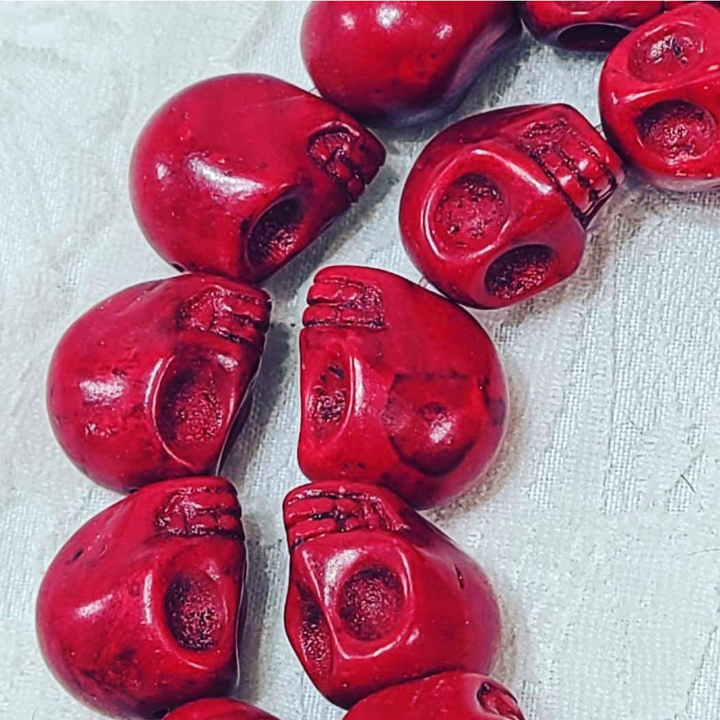 One Strand (24) Howlite RED Stone 15mm Skeleton Skull Bead ~ Skull Beads  ~ Jewelry Making ~ Carved Stone ~ Drilled Pendant Bead