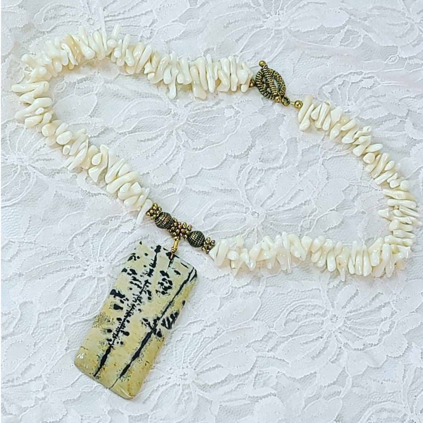 Handmade Necklace ~ Beaded White Coral 18" Neckless w/ Dendritic Agate Pendant ~ Beautiful Handmade OOAK ~ Earth Energy 