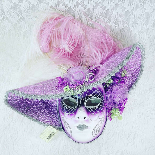 Vintage Purple and Pink and Silver 22" Venetian Mask ~ Showstoppers with Tags ~ Harlequin Mardi Gras Halloween Mask ~ Collector's Mask