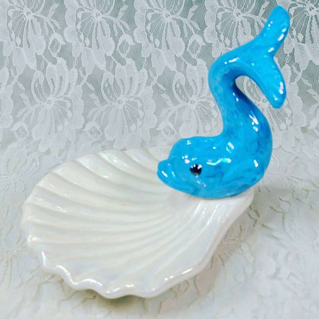 Mid Century Ceramic Blue Iridescent Koi Fish Shell Soap Trinket Dish Holland Mold MCM