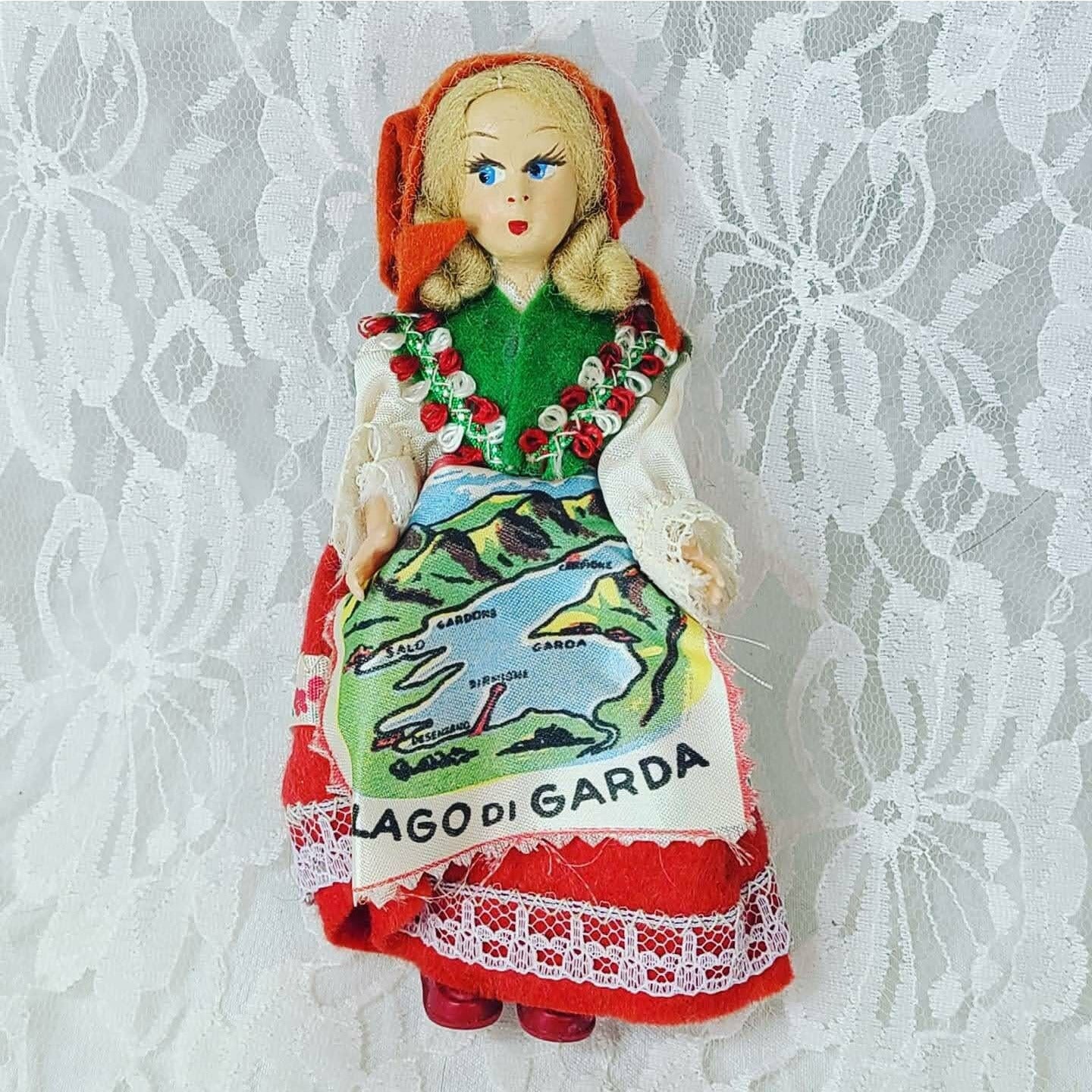 Antique Souvenir DOLL ~Hand Painted Face 5" ~ FRANCE Stockinette Doll ~ French National Dress ~ 1940's ~ Tiny ~ Lago de Garda