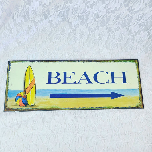 Hanging Metal BEACH Sign ~ Pointing To The BEACH ~ Hand Painted Shabby Chic Steel BEACH Sign w/ Surfboard ~ 15.5" Long by 6" Tall