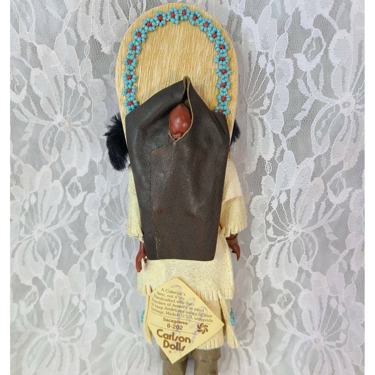 Carlson Dolls 1950s Vintage 8" Doll in Native American Outfit with Papoose ~ Real Leather and Fur, Tagged and Signed by Maker