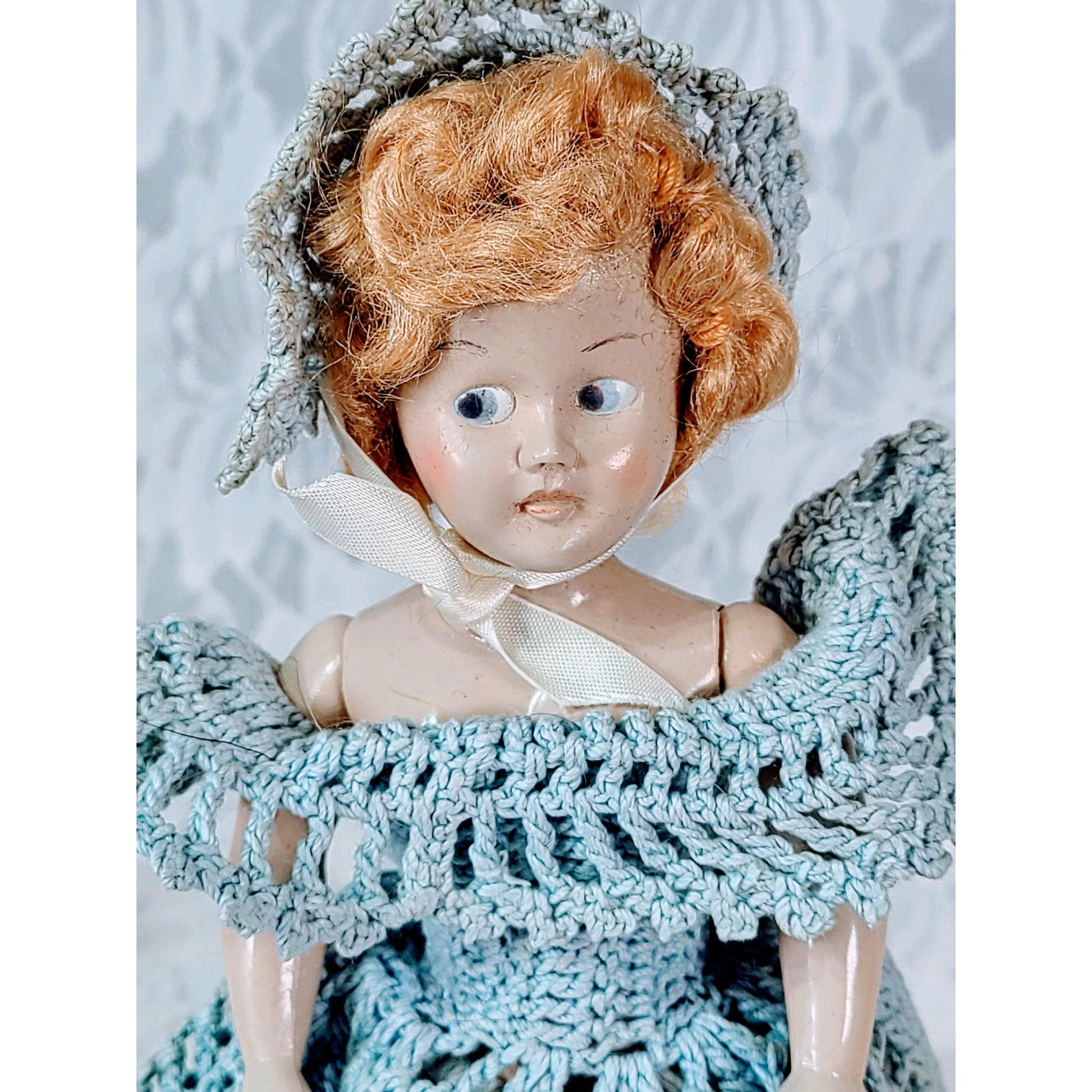 Antique DOLL 8" Mohair ~ Flirty Eyes ~ Handmade Crochet Dress ~ Molded Shoes ~ 1950s Storybook DOLL