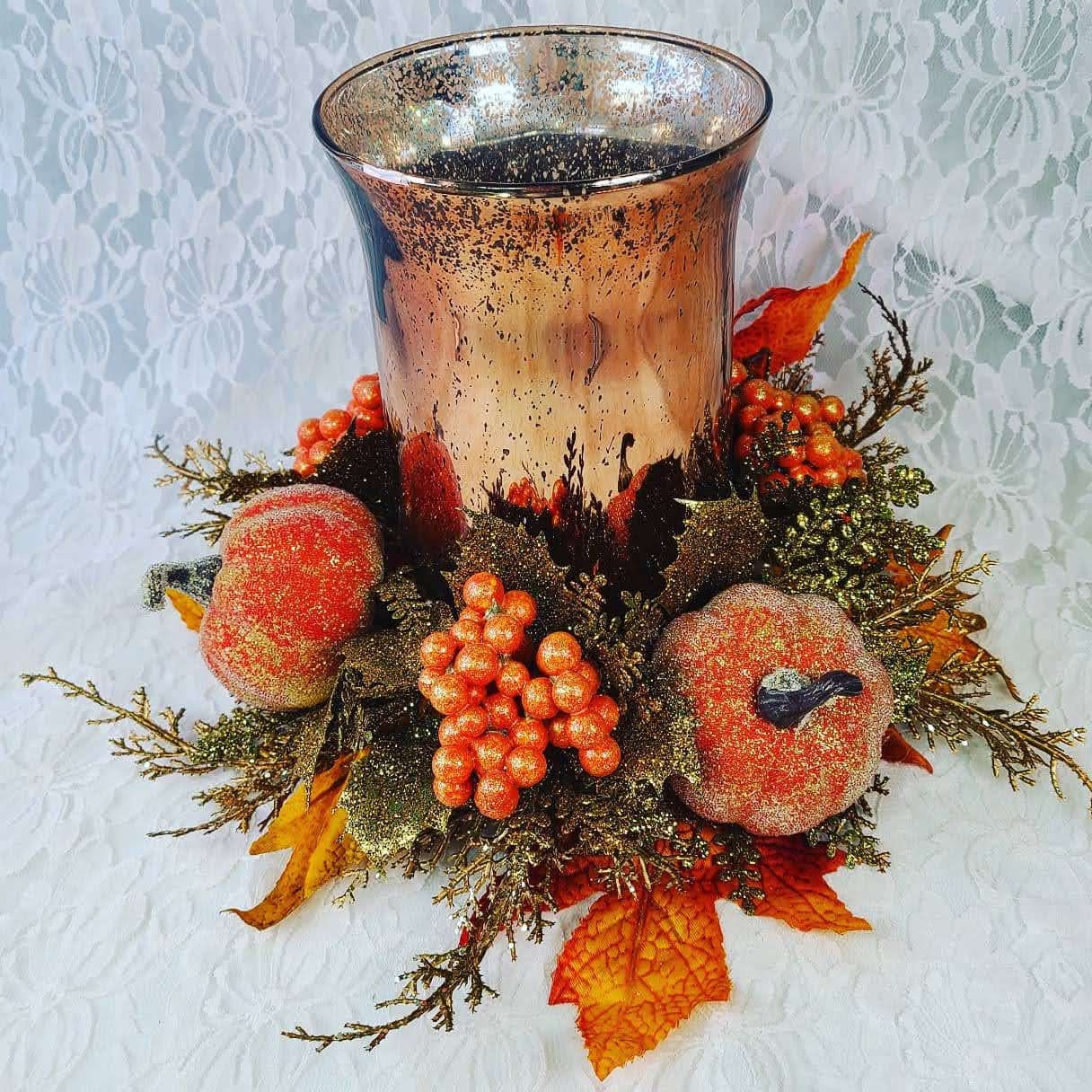 Candleholder ~ 14" Mercury Glass w/ Faux Silk Flowers ~ Charming Halloween Arrangement Centerpiece ~ Fall Décor Decorations ~ Autumn