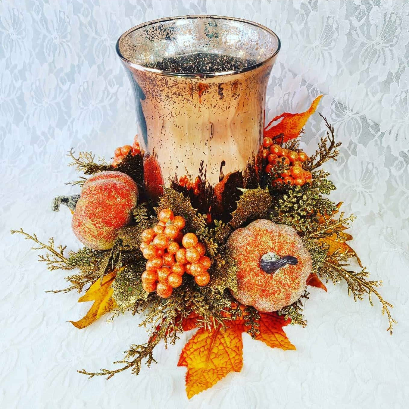 Candleholder ~ 14" Mercury Glass w/ Faux Silk Flowers ~ Charming Halloween Arrangement Centerpiece ~ Fall Décor Decorations ~ Autumn