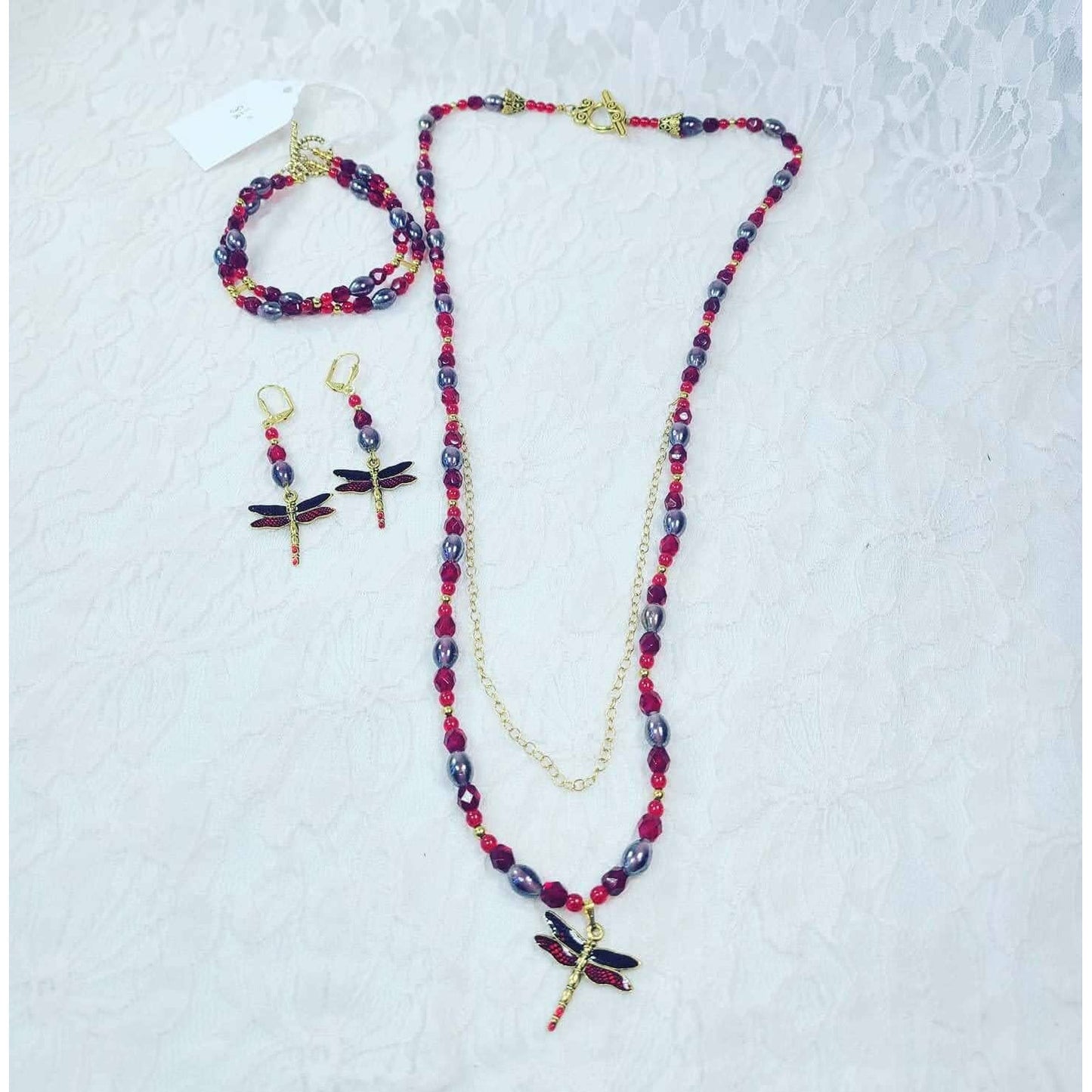 OOAK Jewelry SET Dragonflies: Earrings, Bracelet, Necklace Garnets, Faceted Czech Glass Beads w/Purple Pearls & 24kt Gold Plated Accents