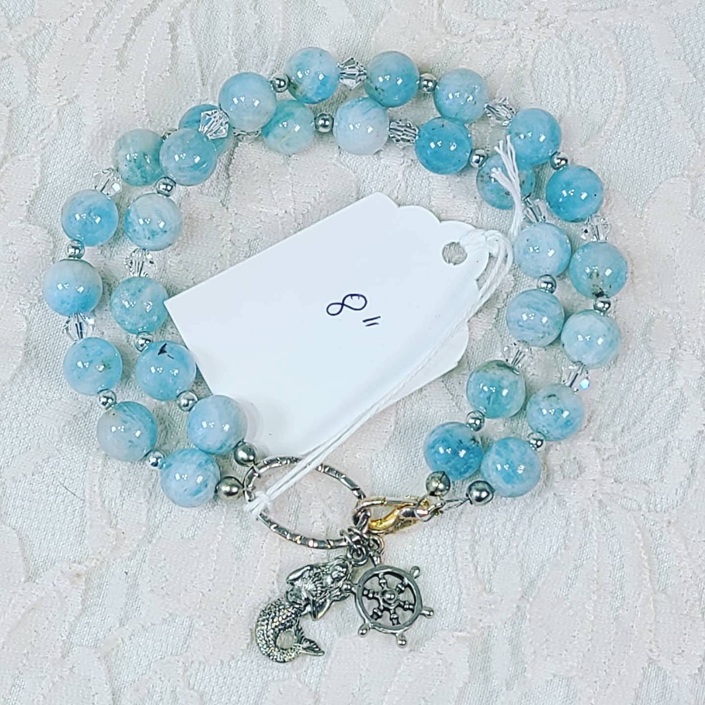 MERMAID Bracelet ~ Blue Aquamarine Round Beads and Swarovski Crystal Beads & Sterling Silver Bali Bead Accents