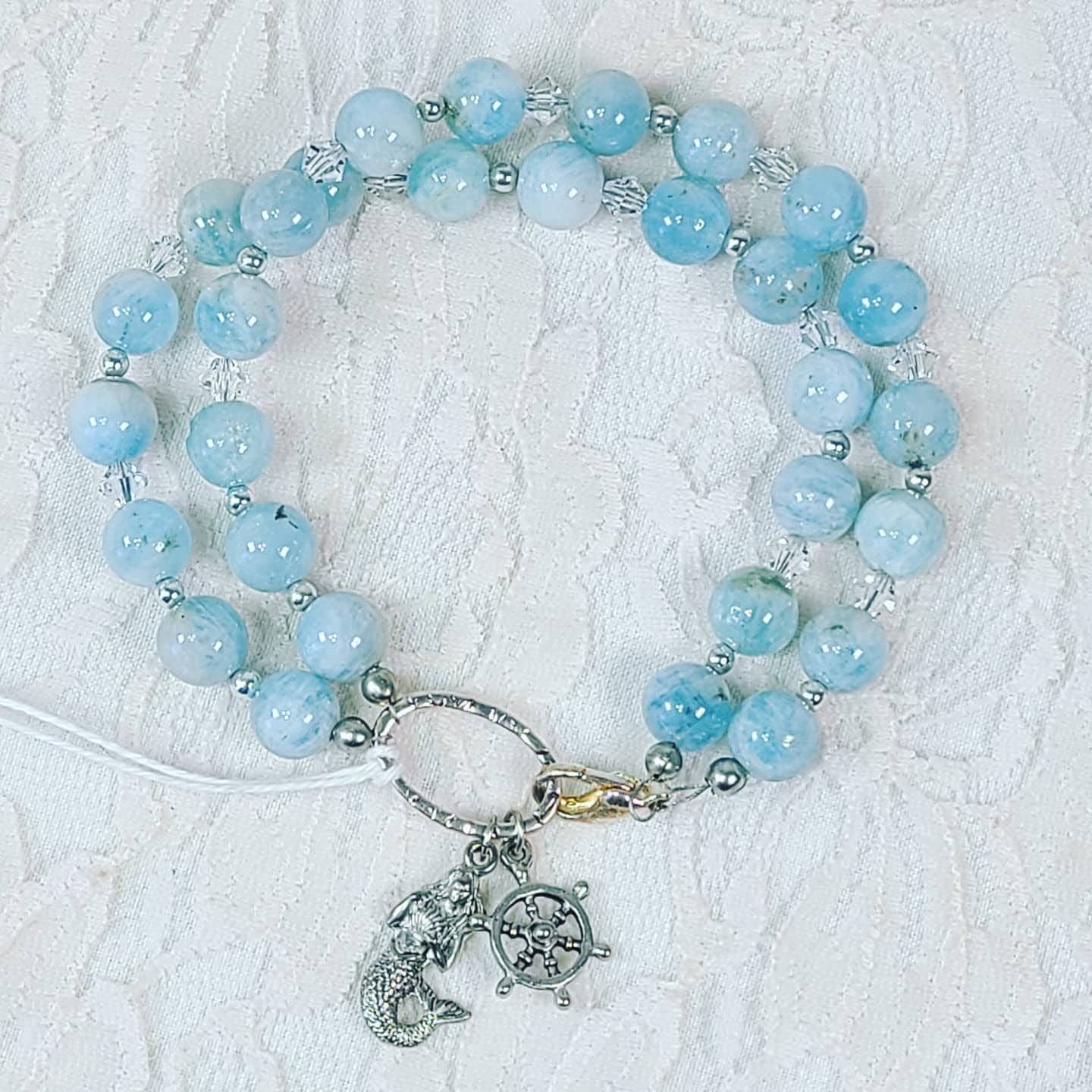 MERMAID Bracelet ~ Blue Aquamarine Round Beads and Swarovski Crystal Beads & Sterling Silver Bali Bead Accents