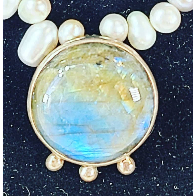 Handmade Necklace ~ Sterling Clasp ~ Freshwater Cultured Teardrop Pearls and Bezel Mounted Labradorite Pendant 16" OOAC