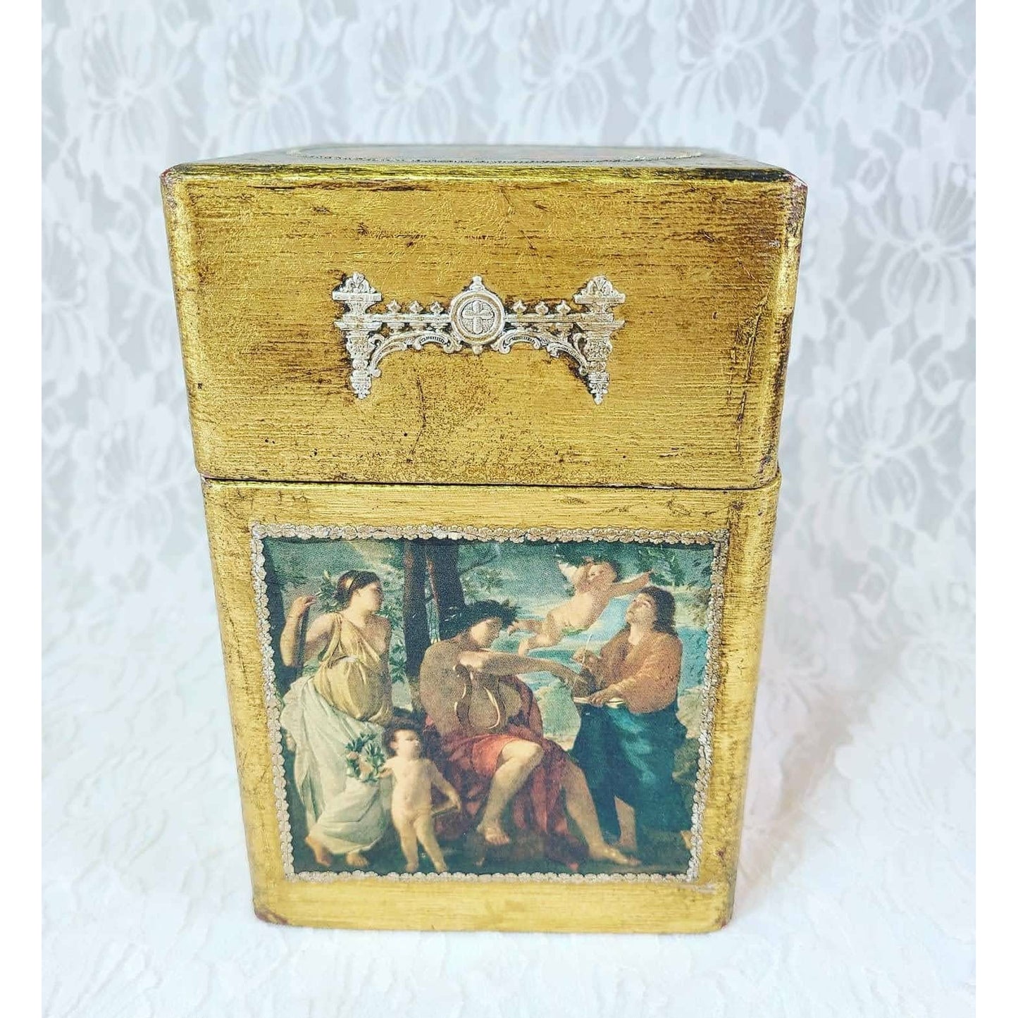 Religious Art Mixed Media Florentine Style Cigar Box ~ Paper Lined ~ Wooden Box ~ Metal Trim ~ Repurposed Cigar Box? AMAZING