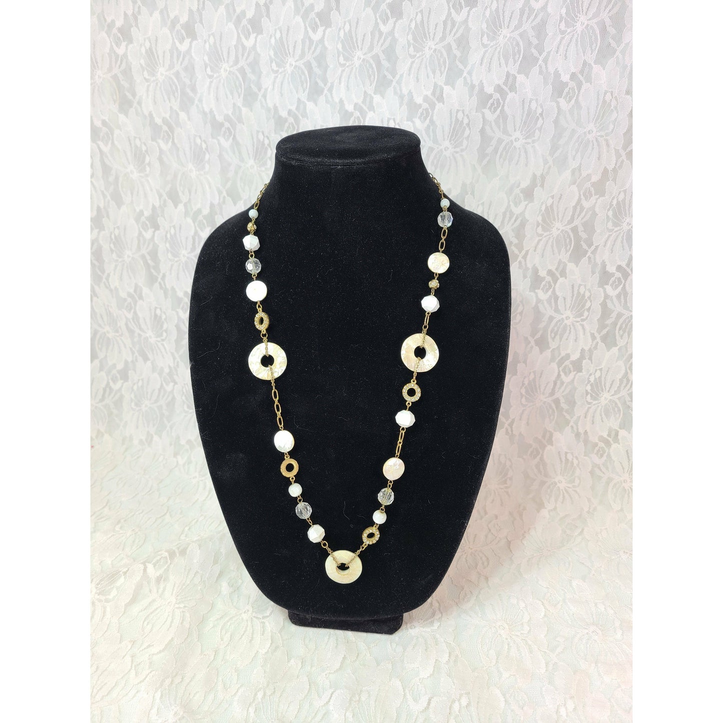 Vintage 1990s Gold and Silver Circles Crystals and Beads Necklace 20" ~ Fashion ~ Costume Jewelry ~ Work Wear