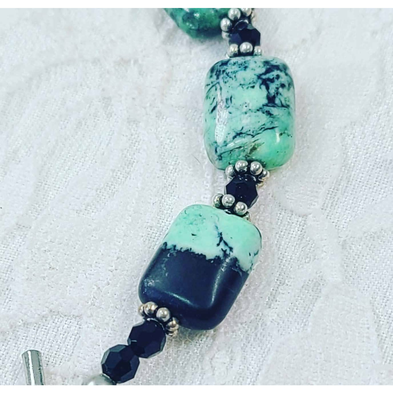 Plus Size Bracelet ~ Blue Green Chrysoprase Beads and BLACK Czech Glass Beads & Sterling Silver Bali Bead Accents