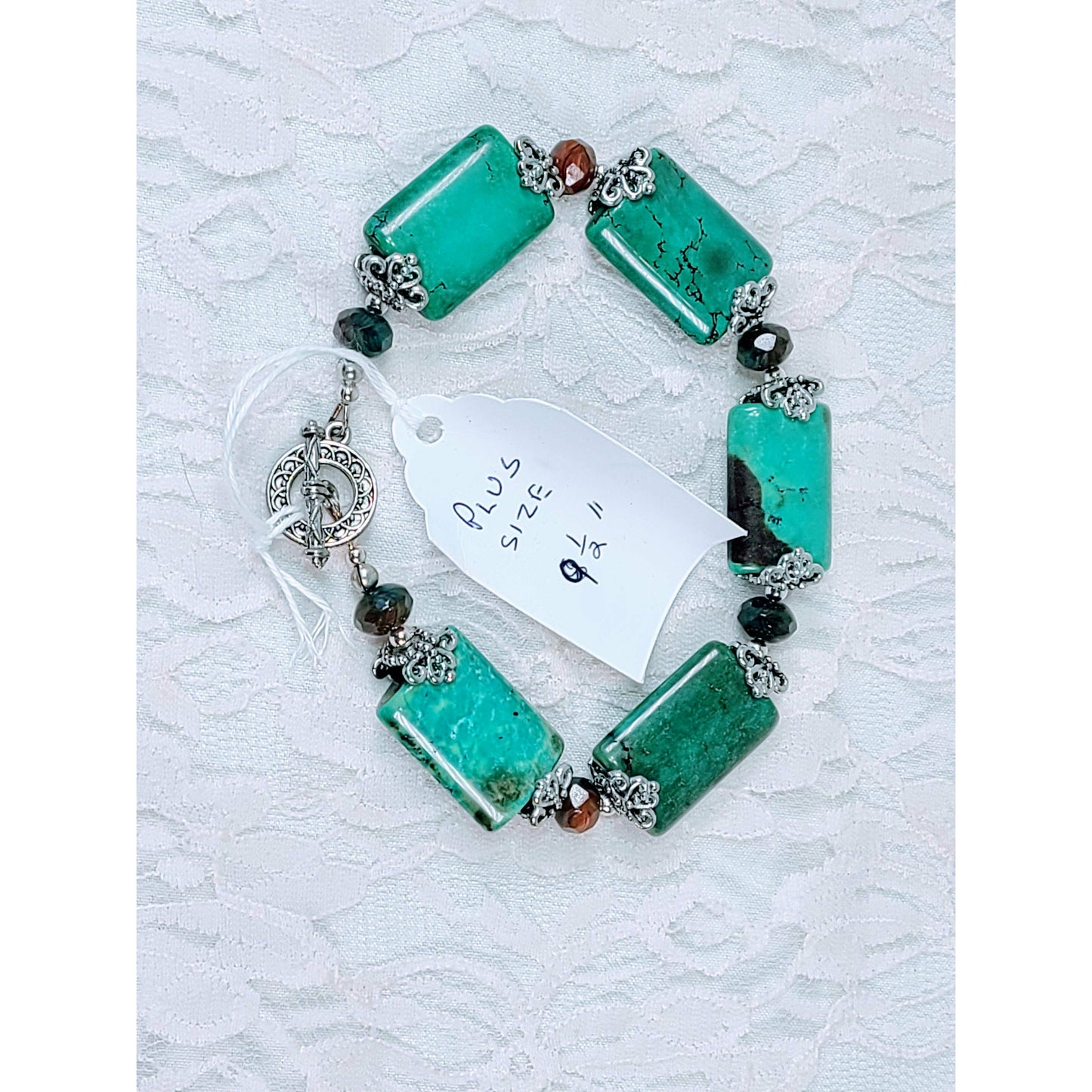 Plus Size Bracelet ~ Large Blue Green Chrysoprase Beads and Amber Czech Glass Beads & Sterling Silver Bali Bead Accents
