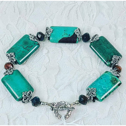 Plus Size Bracelet ~ Large Blue Green Chrysoprase Beads and Amber Czech Glass Beads & Sterling Silver Bali Bead Accents