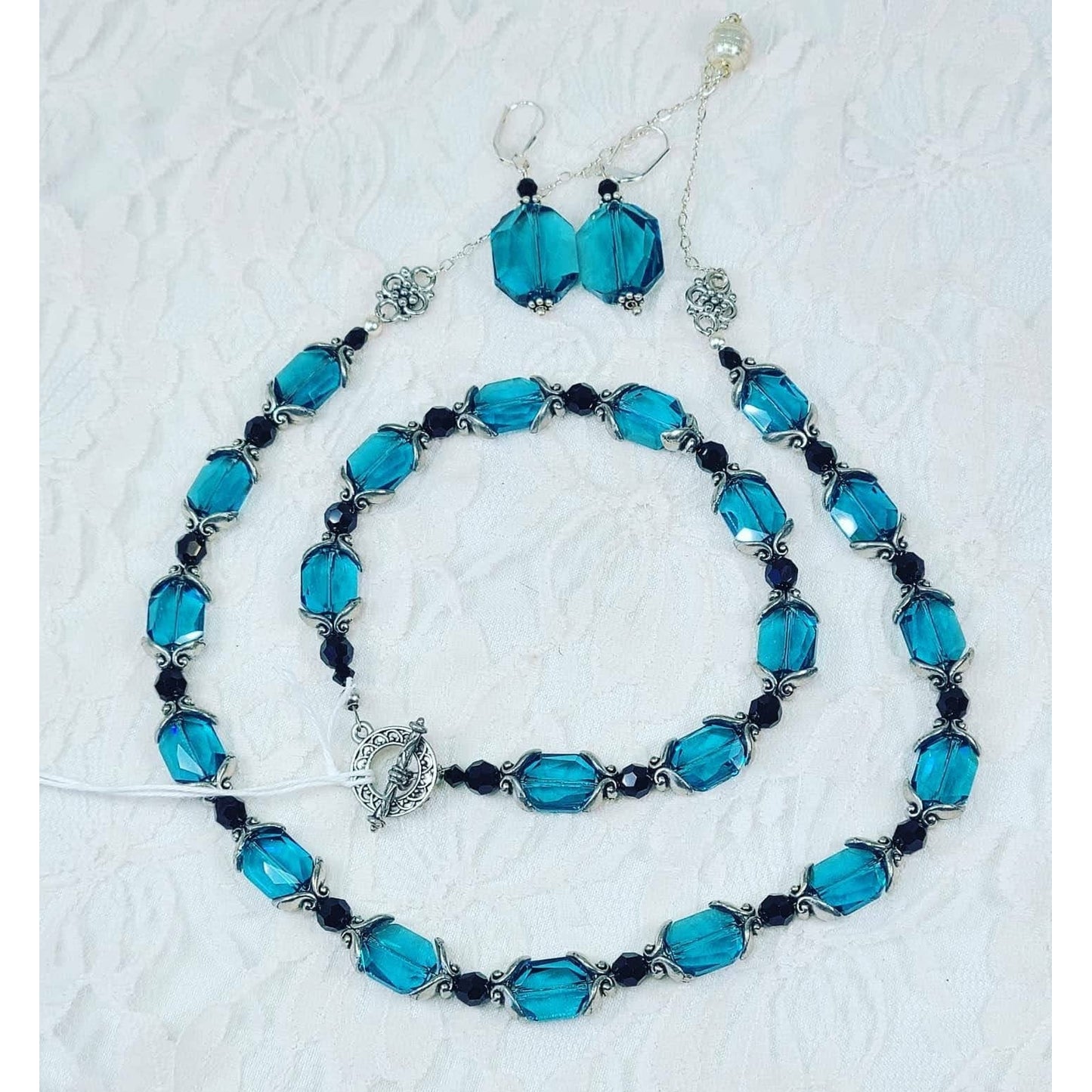 Jewelry SET Earrings, Bracelet, Necklace Blue Teal Swarovski Crystals and Black Czech Glass Beads with STERLING Silver Accents
