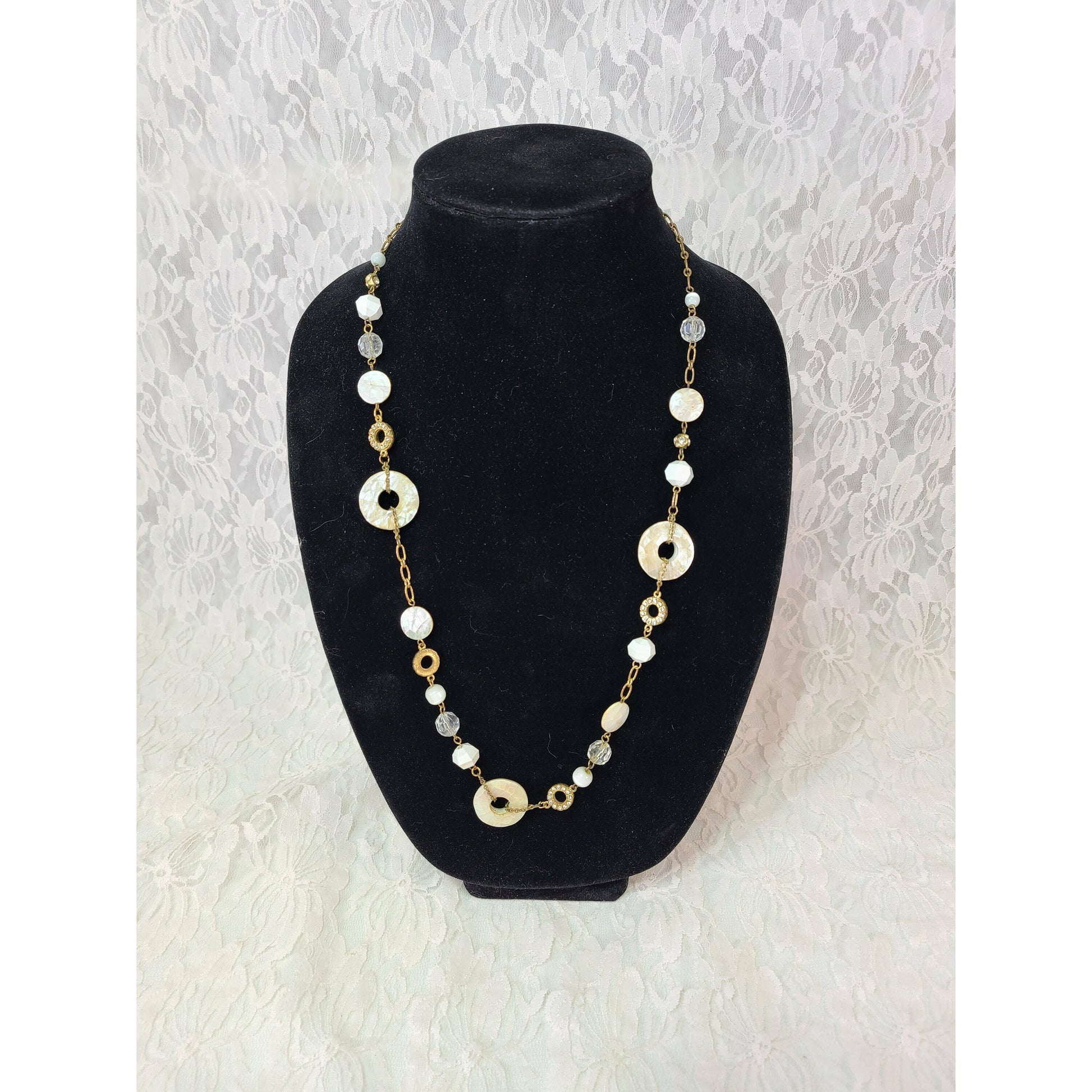 Vintage 1990s Gold and Silver Circles Crystals and Beads Necklace 20" ~ Fashion ~ Costume Jewelry ~ Work Wear