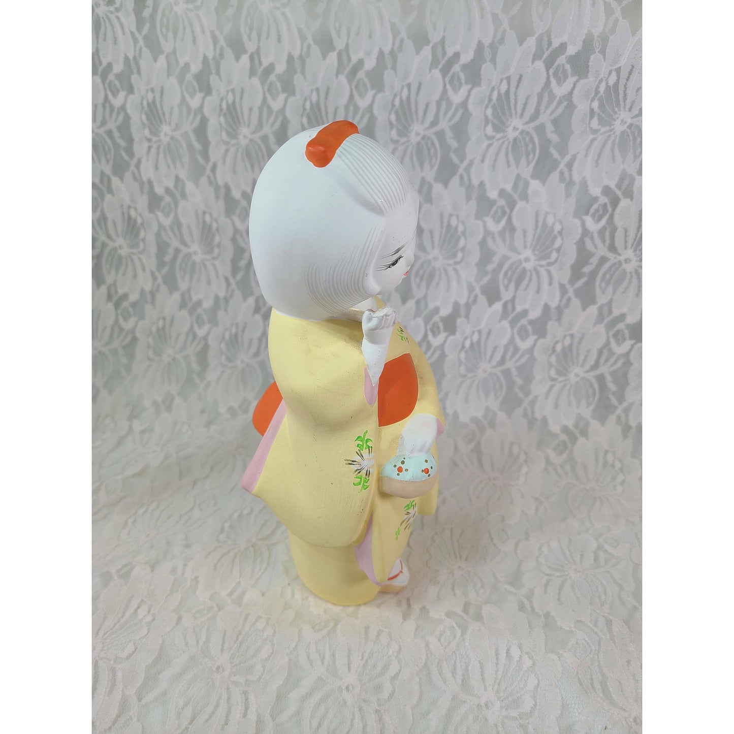 Vintage New Mom? Ningyō Doll ~Hakata Doll Unglazed Hand Painted 11" Figurine ~ Terracotta Statue ~ Japanese Traditional Clay Doll