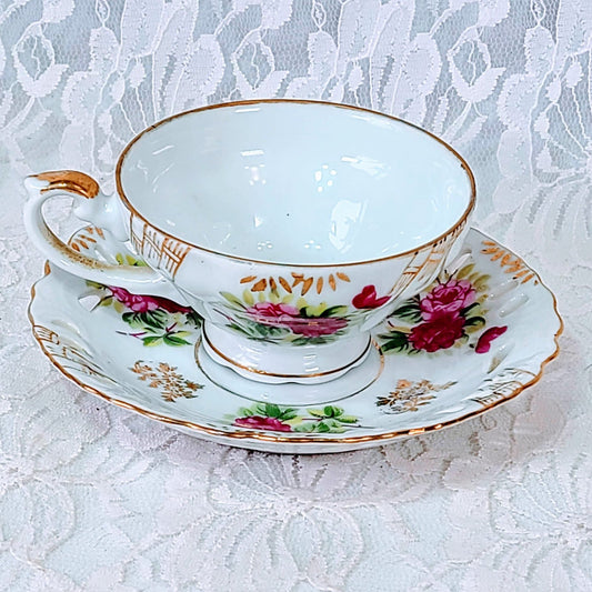 Antique Tea Cup & Reticulated "Pierced" Saucer Set ~ Shafford Japan ~ White Fine Bone China Hand Painted Made in Japan Nippon 1940's