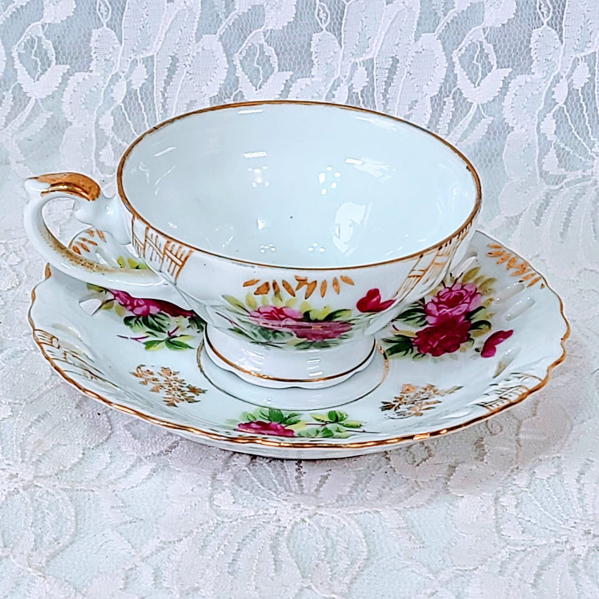 Antique Tea Cup & Saucer Set ~ Reticulated Pierced Saucer ~ Shafford  Japan ~ White Fine Bone China Hand Painted Made in Japan Nippon 1940's