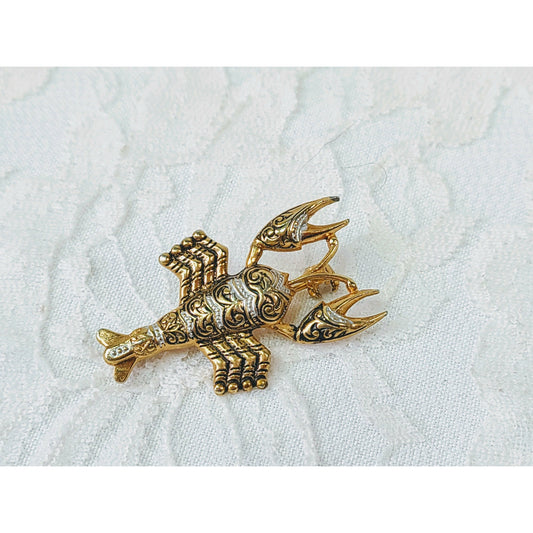 LOBSTER Rhinestone Brooch Tie Tack Lapel Pin ~Gold Tone and Silver