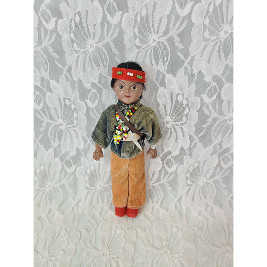 Native American Indian Vintage 1950s Celluloid 8" Plastic Doll ~ Original Doll Stand ~ Detailed Clothing ~ Souvenir Doll ~ MADE in JAPAN Sticker