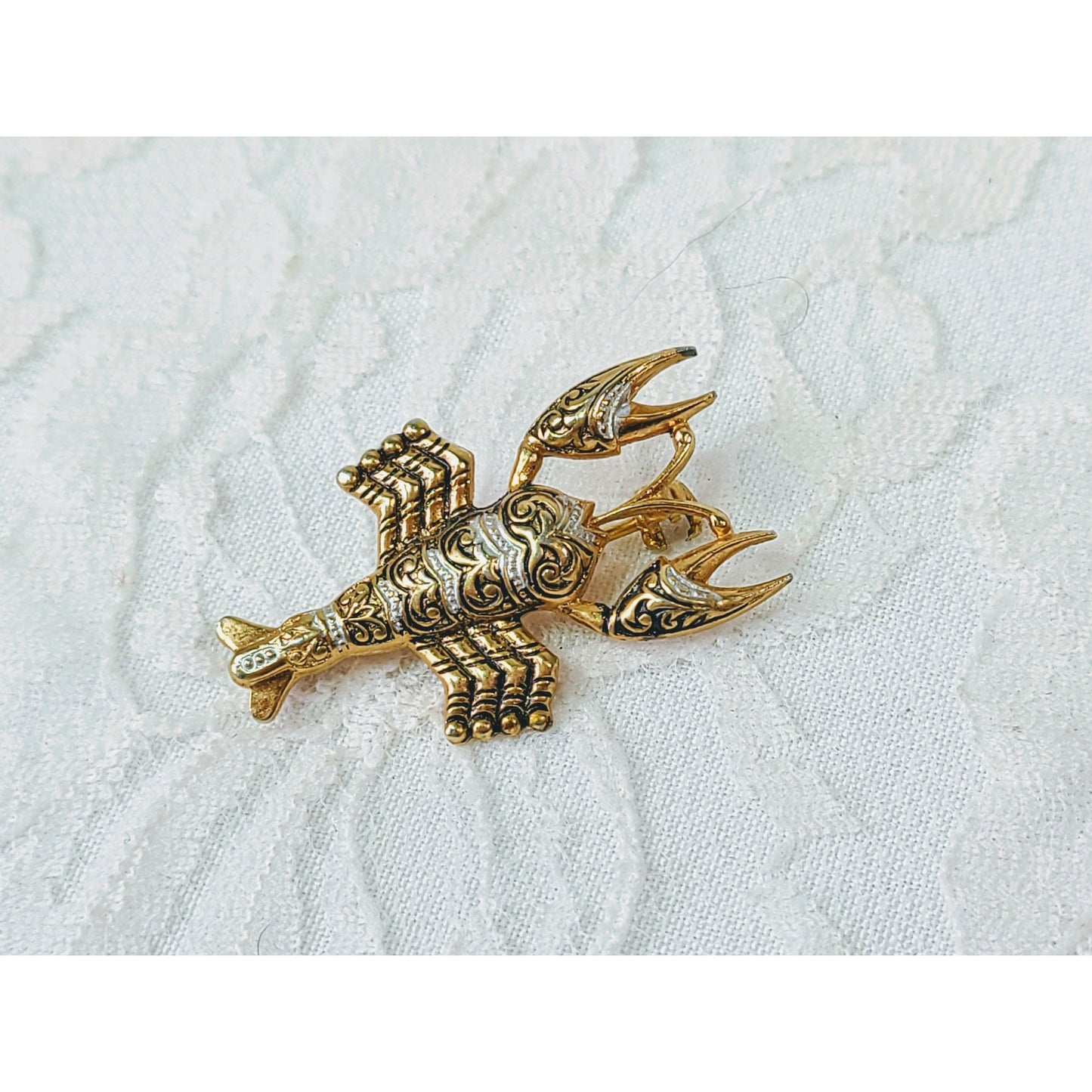LOBSTER Rhinestone Brooch Tie Tack Lapel Pin ~Gold Tone and Silver