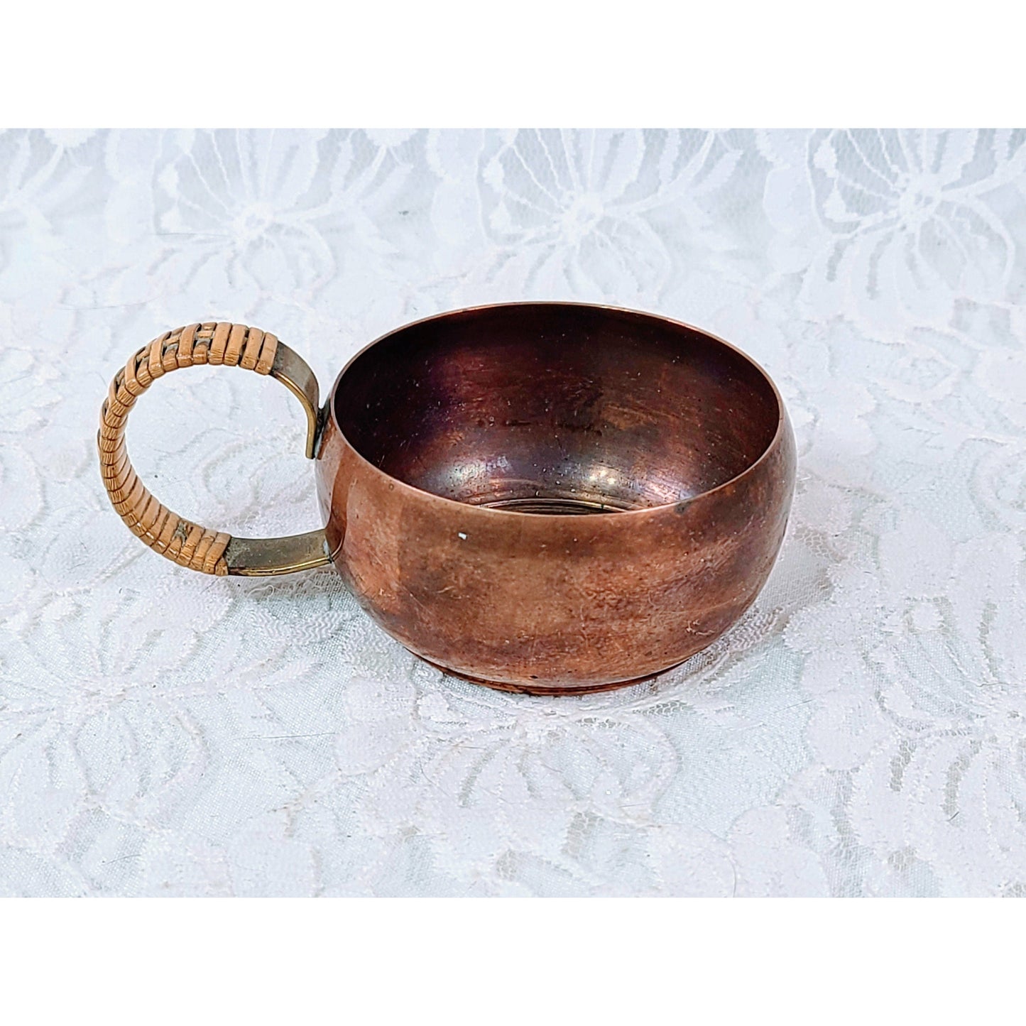 Antique Primitive Hand-Hammered Copper Mug with Rattan Bamboo Wrapped Handle ~ Small 2.75" Demitasse Espresso Cup ~ Hand Made Mid-Century