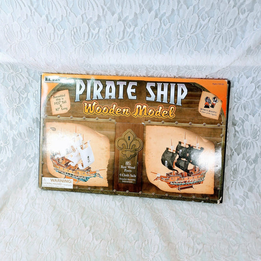 Wooden DIY Model Pirate Ship KIT w/ 4 BLACK Sails ~ 16 Pirates ~ Nautical Tall Sailing Ship ~ Boy's Room ~ Fun to Build Brand New Old Stock