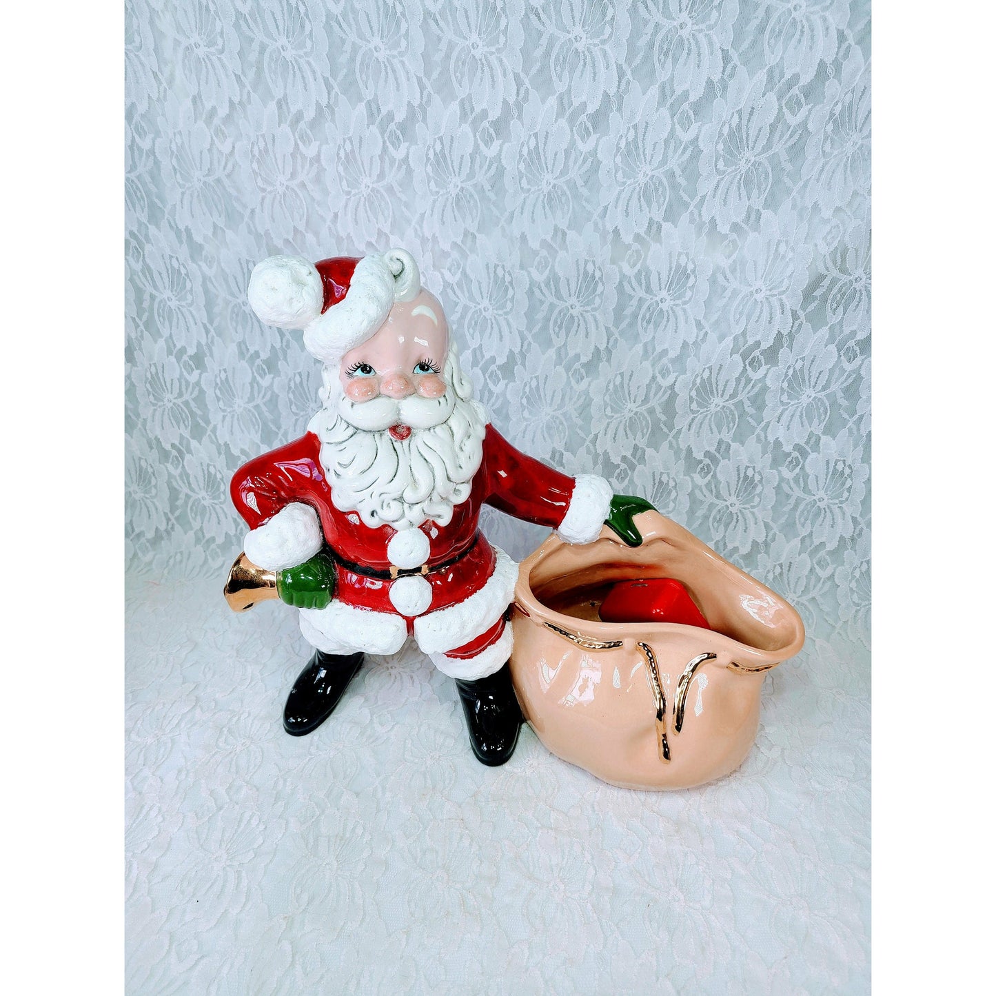 Vintage RARE Large Planter/Music Box Atlantic Mold Ceramic Santa Claus Figure with Music Box Planter USA