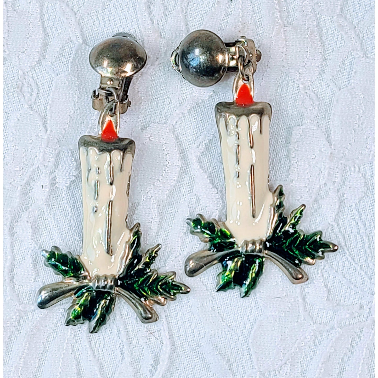 Vintage Enamel Pressed Tin Christmas Candle Earrings  ~ Christmas Costume Jewelry ~ Holiday ~ SUPER Retro Clip On Earrings