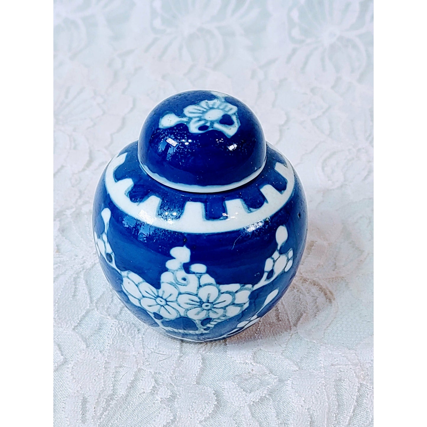 Vintage Porcelain Chinese Ginger Jar with LID ~ Asian ~ Chinese ~ Cobalt Blue and White Prunes Floral Design ~ Marked on Bottom ~ China