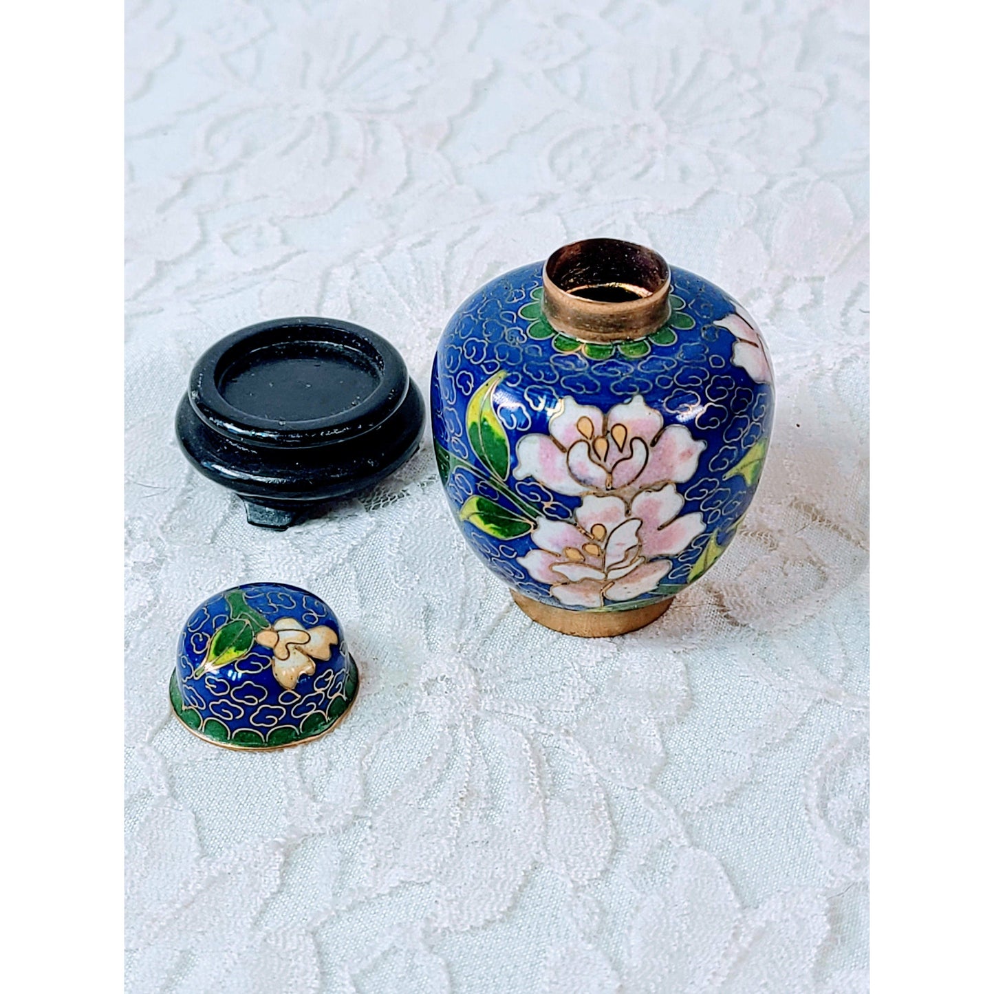 Vintage Cloisonné 3 Piece Ginger Jar with LID and Rosewood Stand  ~ Chinese ~ Marked on Bottom ~ Made in China