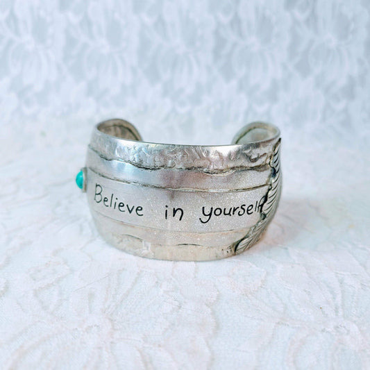 Silver Cuff Bracelet ~ Believe in Yourself ~ Affirmation Bracelet ~ Turquoise Stone & Etched Feather Accents ~ Layered Metals 1.5" Wide OOAK